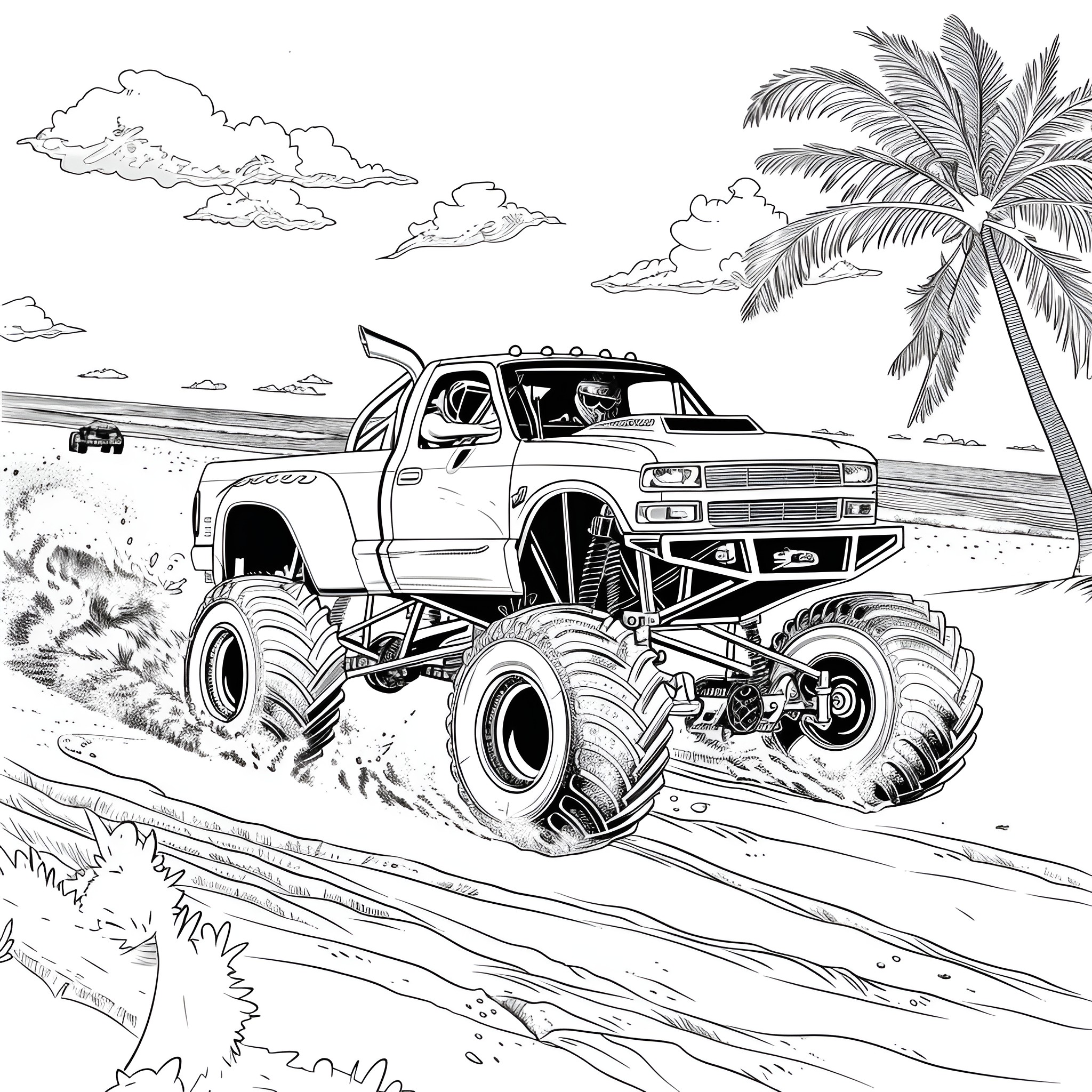 Monster Truck traversing tropical landscape Coloring Page (free black-and-white line drawing printable PDF for all, from beginners to advanced learners, including children, teens, adults, and seniors)