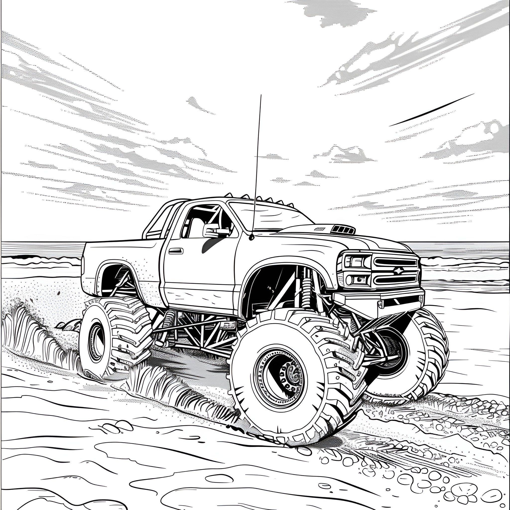 Monster Truck off-roading on the beach Coloring Page (free black-and-white line drawing printable PDF for all, from beginners to advanced learners, including children, teens, adults, and seniors)