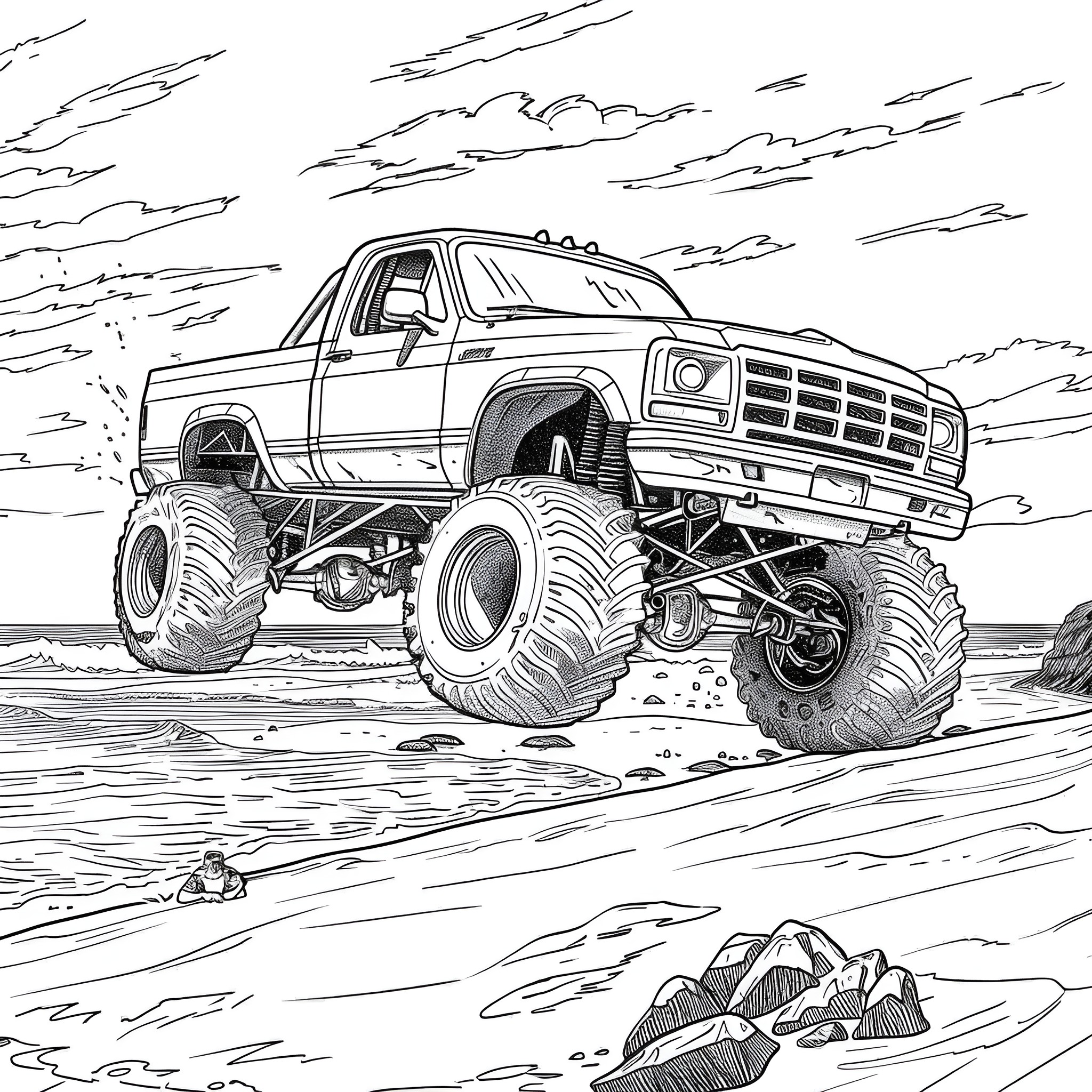 Monster Truck Crushing Rugged Terrain Coloring Page (free black-and-white line drawing printable PDF for all, from beginners to advanced learners, including children, teens, adults, and seniors)