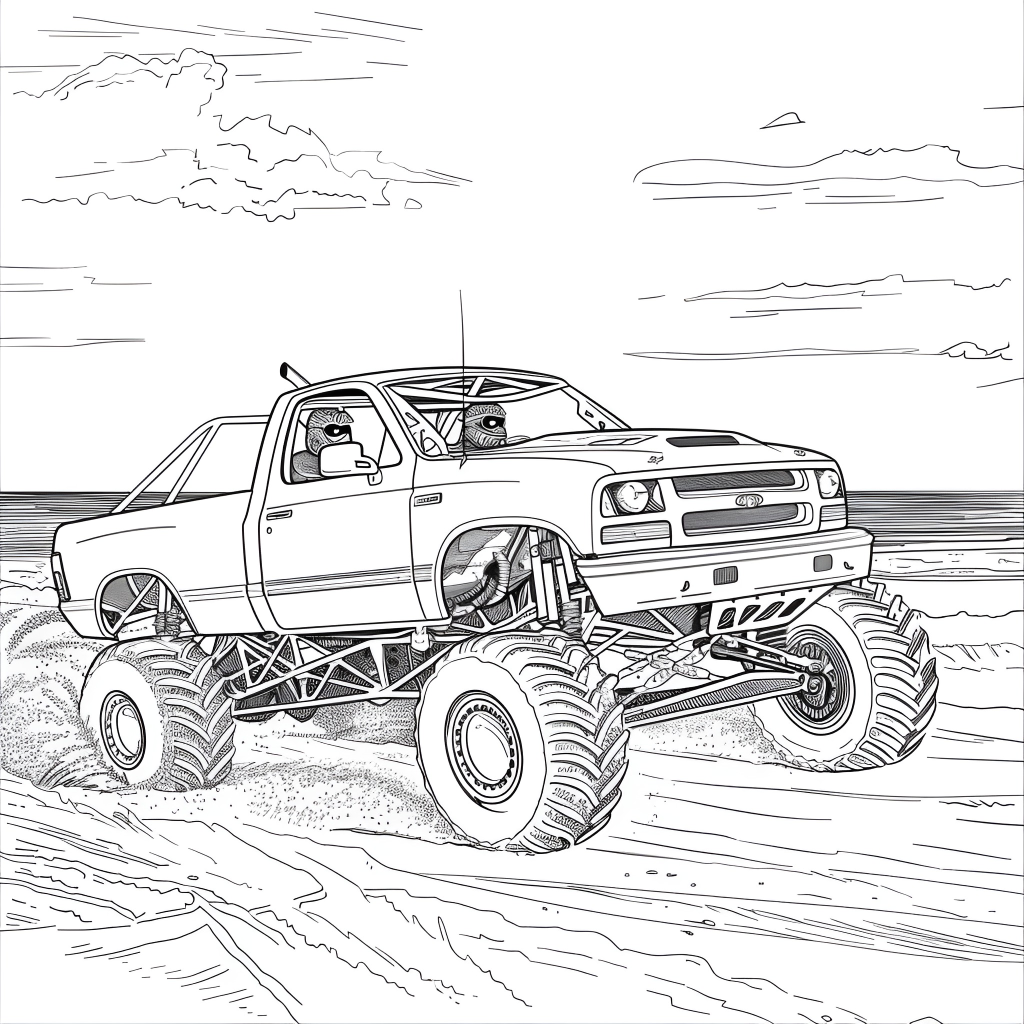 Monster Truck Crushing Through Rugged Terrain Coloring Page (free black-and-white line drawing printable PDF for all, from beginners to advanced learners, including children, teens, adults, and seniors)
