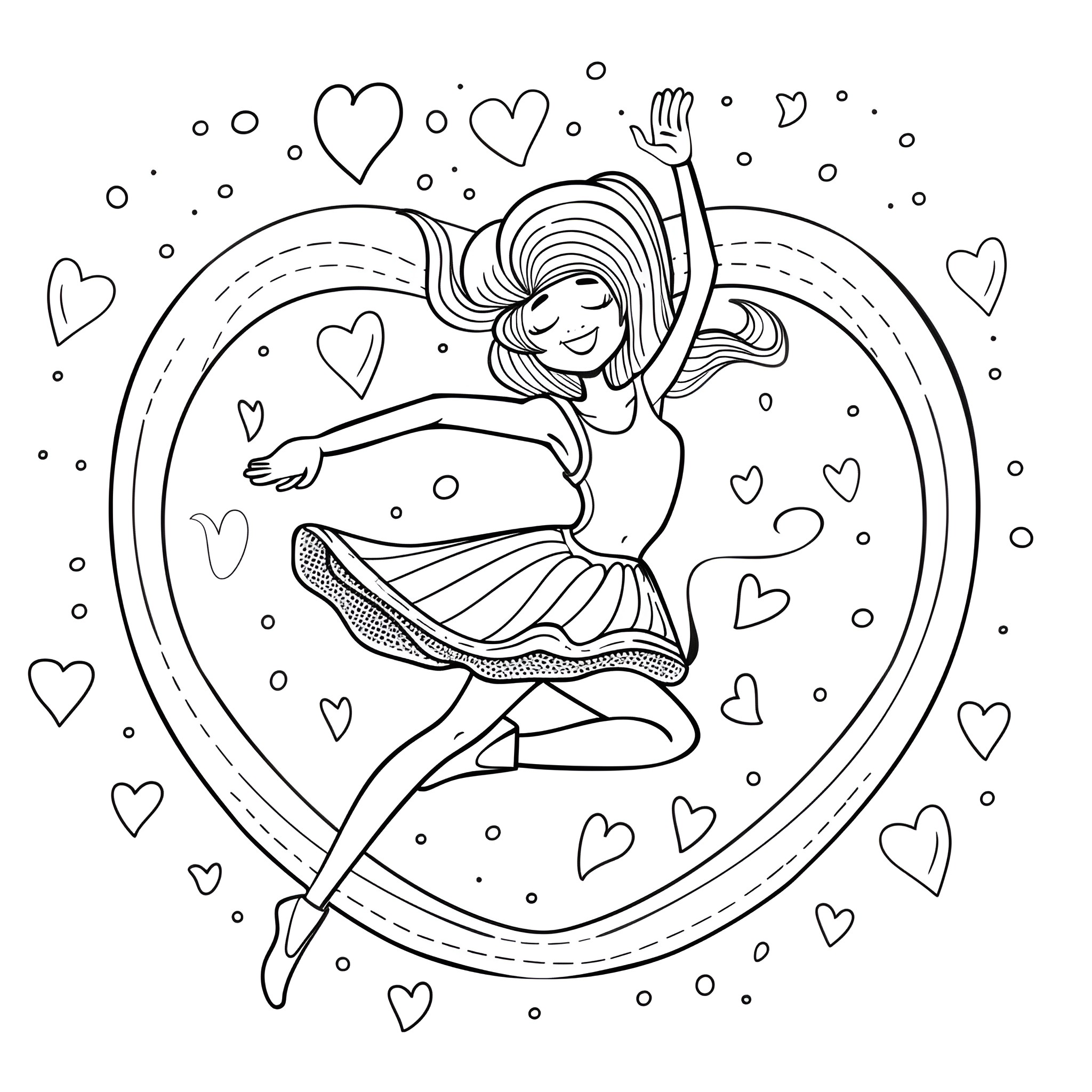 Heart-Shaped Ballerina Dancing with Joy Coloring Page (free black-and-white line drawing printable PDF for all, from beginners to advanced learners, including children, teens, adults, and seniors)
