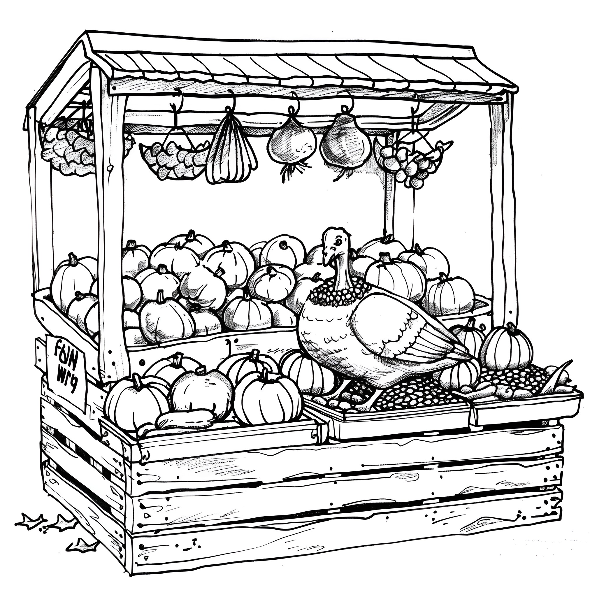 Turkey autumn harvest display with pumpkins and produce Coloring Page (free black-and-white line drawing printable PDF for all, from beginners to advanced learners, including children, teens, adults, and seniors)
