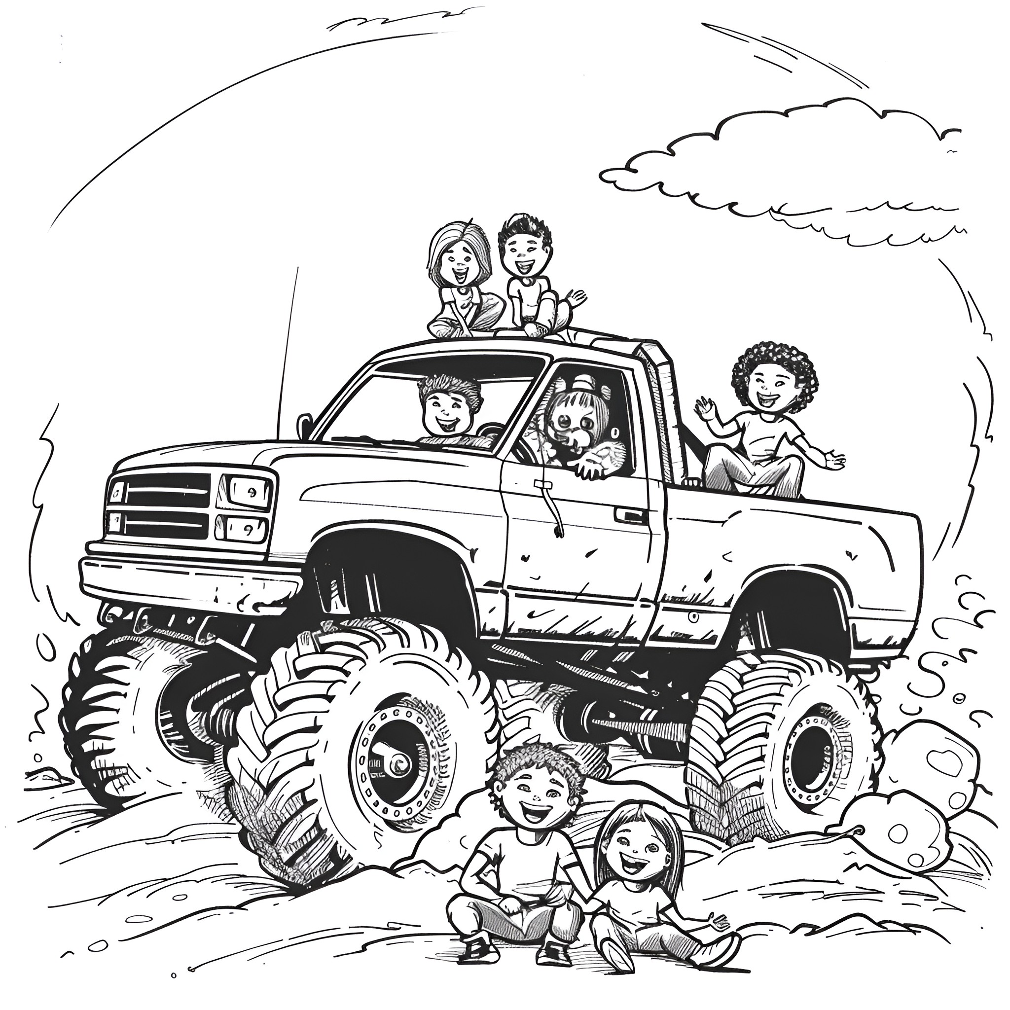 Monster Truck Ride with Excited Passengers Coloring Page (free black-and-white line drawing printable PDF for all, from beginners to advanced learners, including children, teens, adults, and seniors)