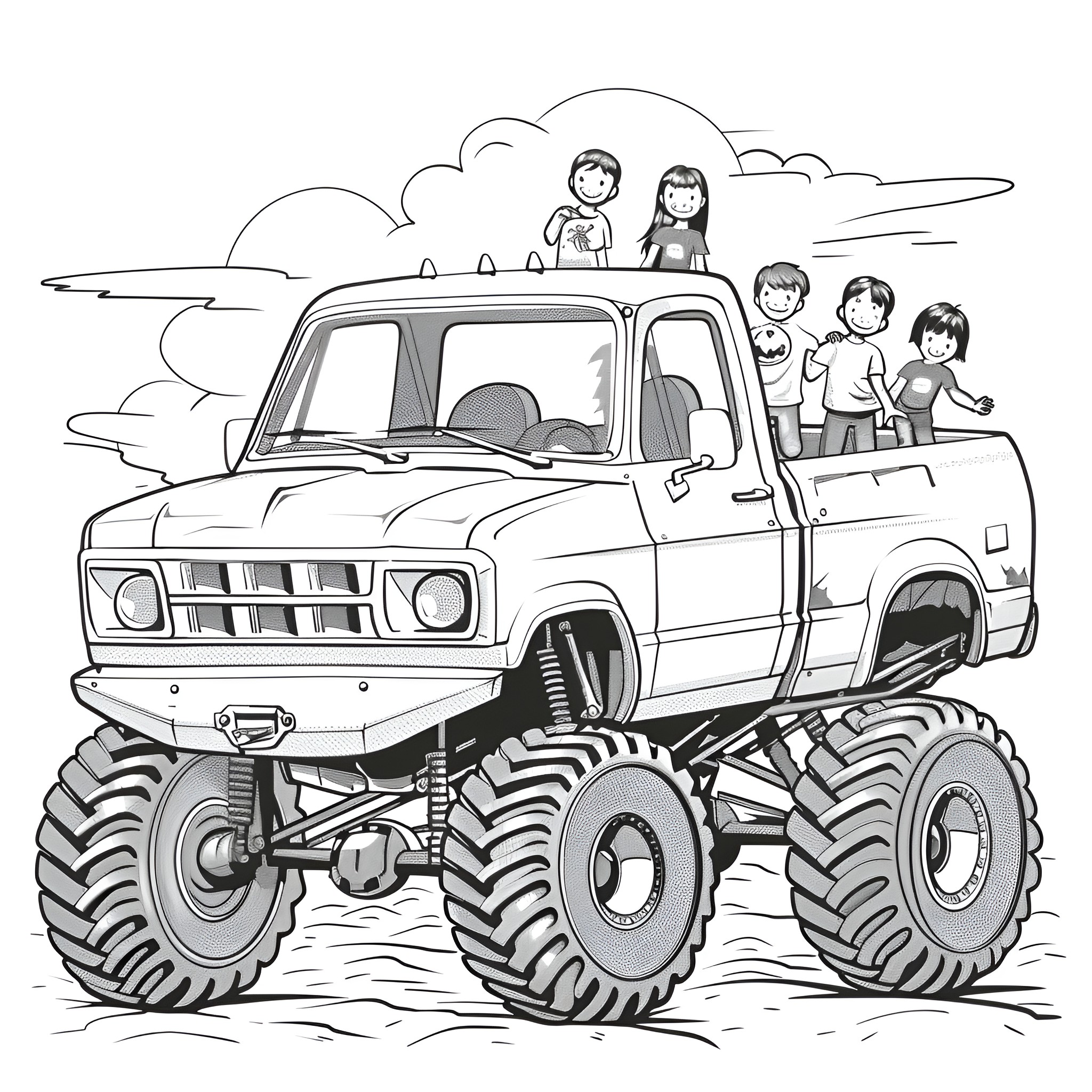 Monster Truck carrying group of people Coloring Page (free black-and-white line drawing printable PDF for all, from beginners to advanced learners, including children, teens, adults, and seniors)