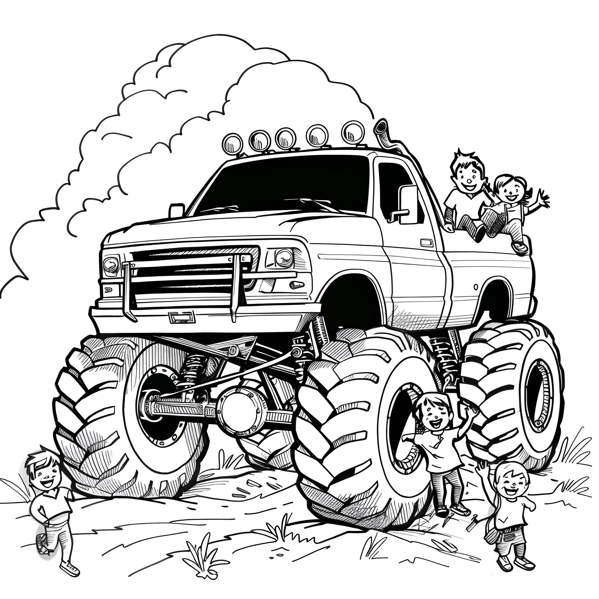 Monster Truck crushing through the terrain Coloring Page (free black-and-white line drawing printable PDF for all, from beginners to advanced learners, including children, teens, adults, and seniors)