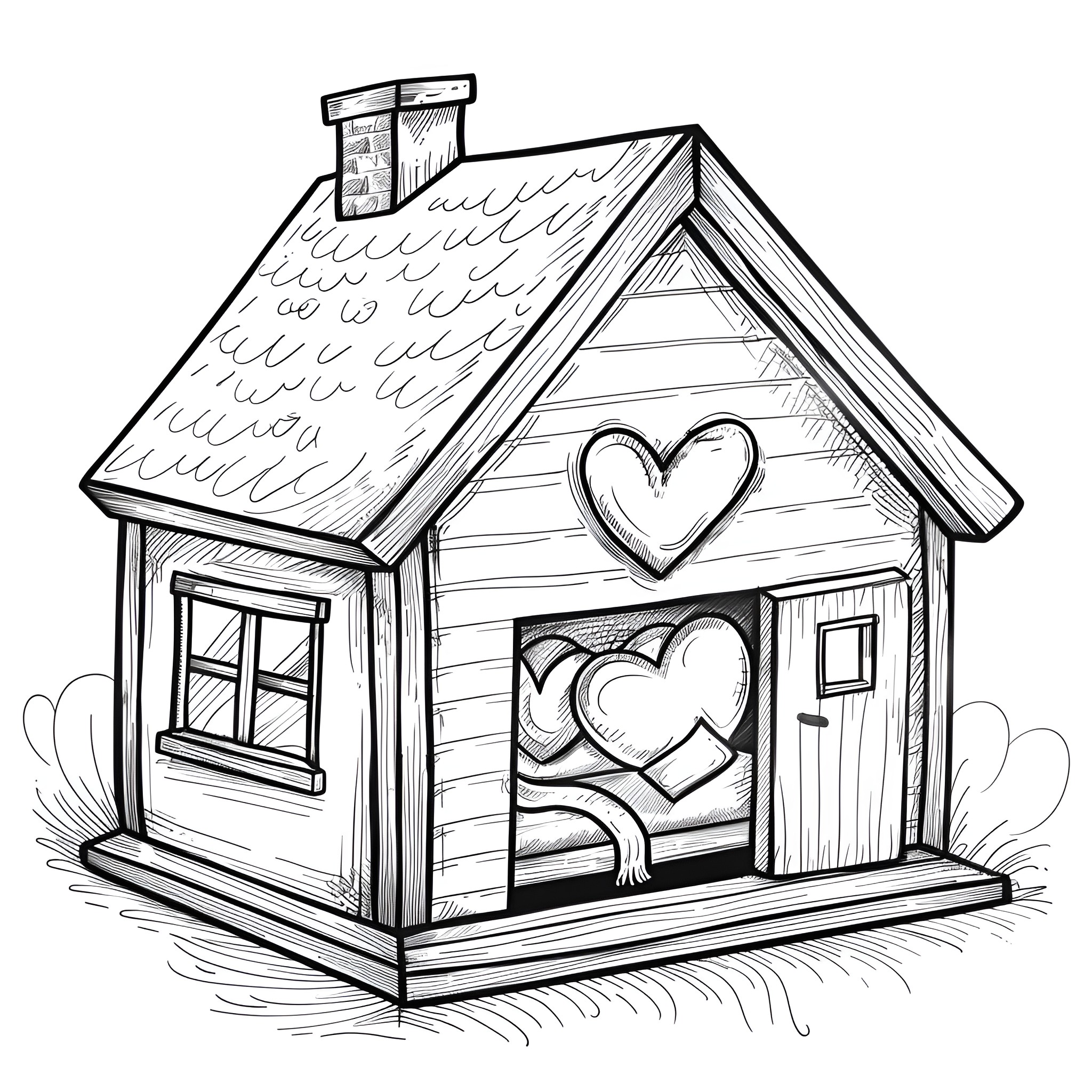 Heart-shaped Cottage with Playful Decor Coloring Page (free black-and-white line drawing printable PDF for all, from beginners to advanced learners, including children, teens, adults, and seniors)