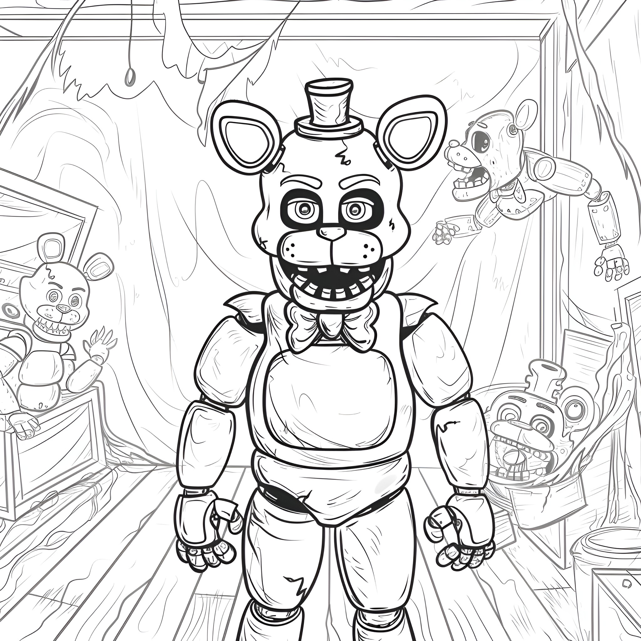 Five Nights At Freddy's characters in action poses Coloring Page (free black-and-white line drawing printable PDF for all, from beginners to advanced learners, including children, teens, adults, and seniors)