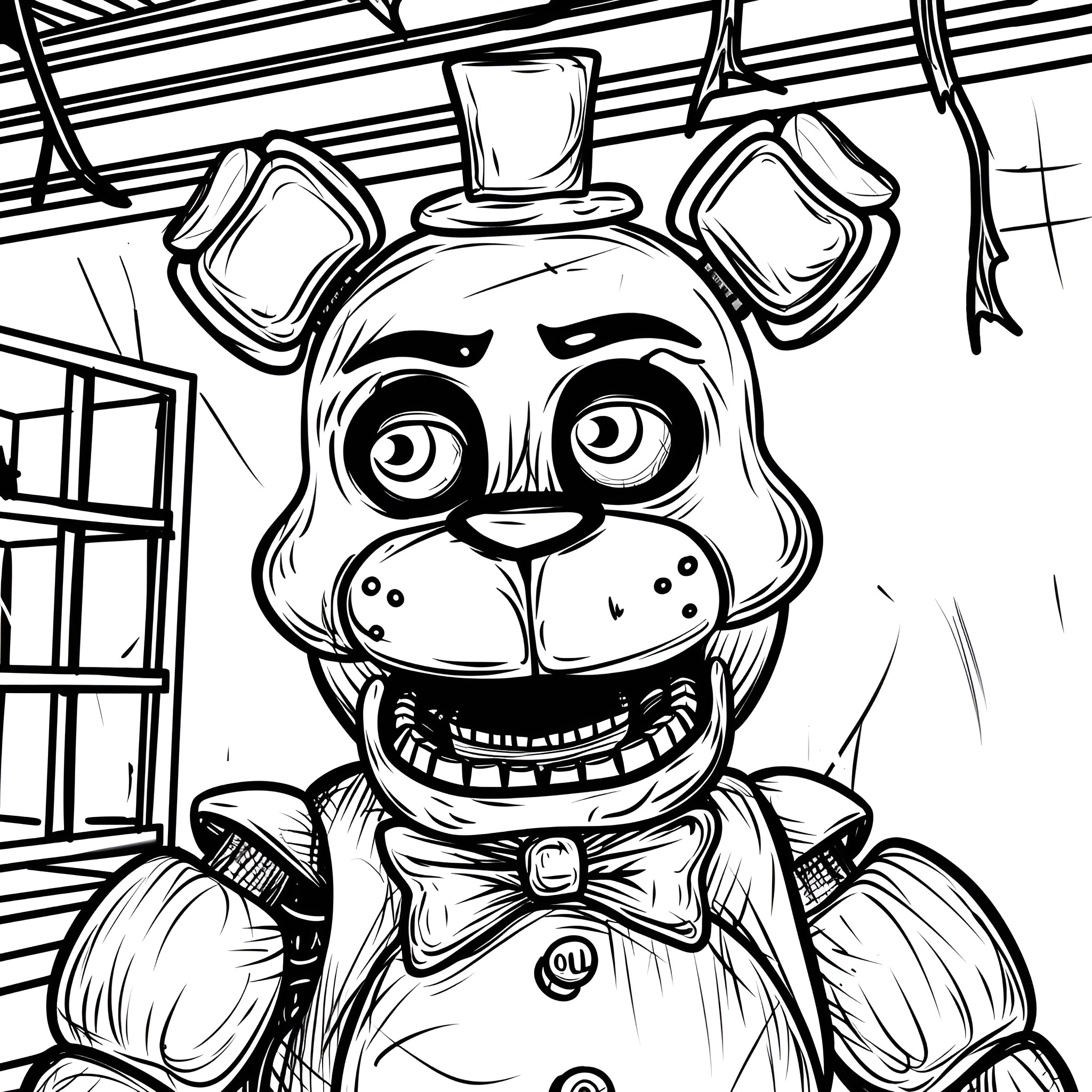Five Nights At Freddy's creepy animatronic character Coloring Page (free black-and-white line drawing printable PDF for all, from beginners to advanced learners, including children, teens, adults, and seniors)