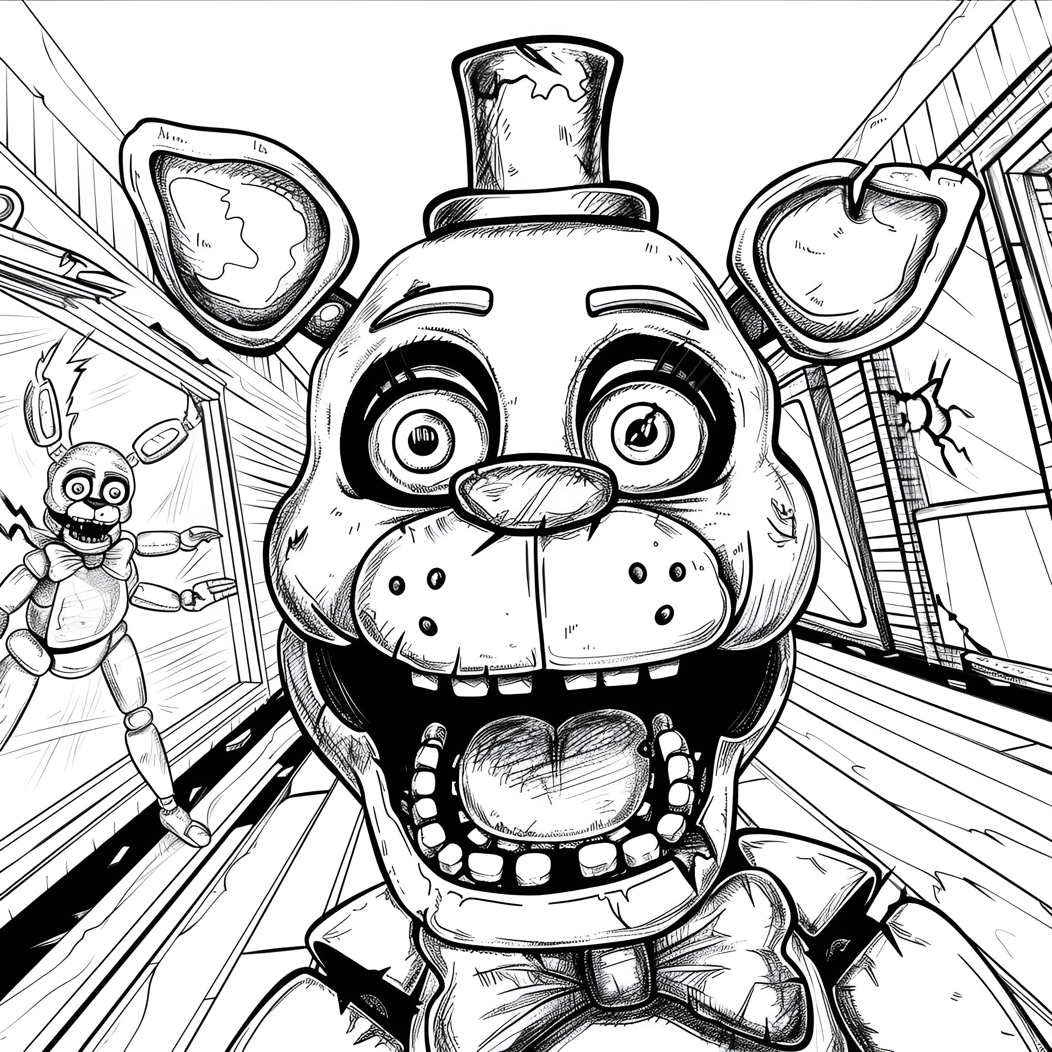 Five Nights At Freddy's Animatronic Mayhem Coloring Page (free black-and-white line drawing printable PDF for all, from beginners to advanced learners, including children, teens, adults, and seniors)