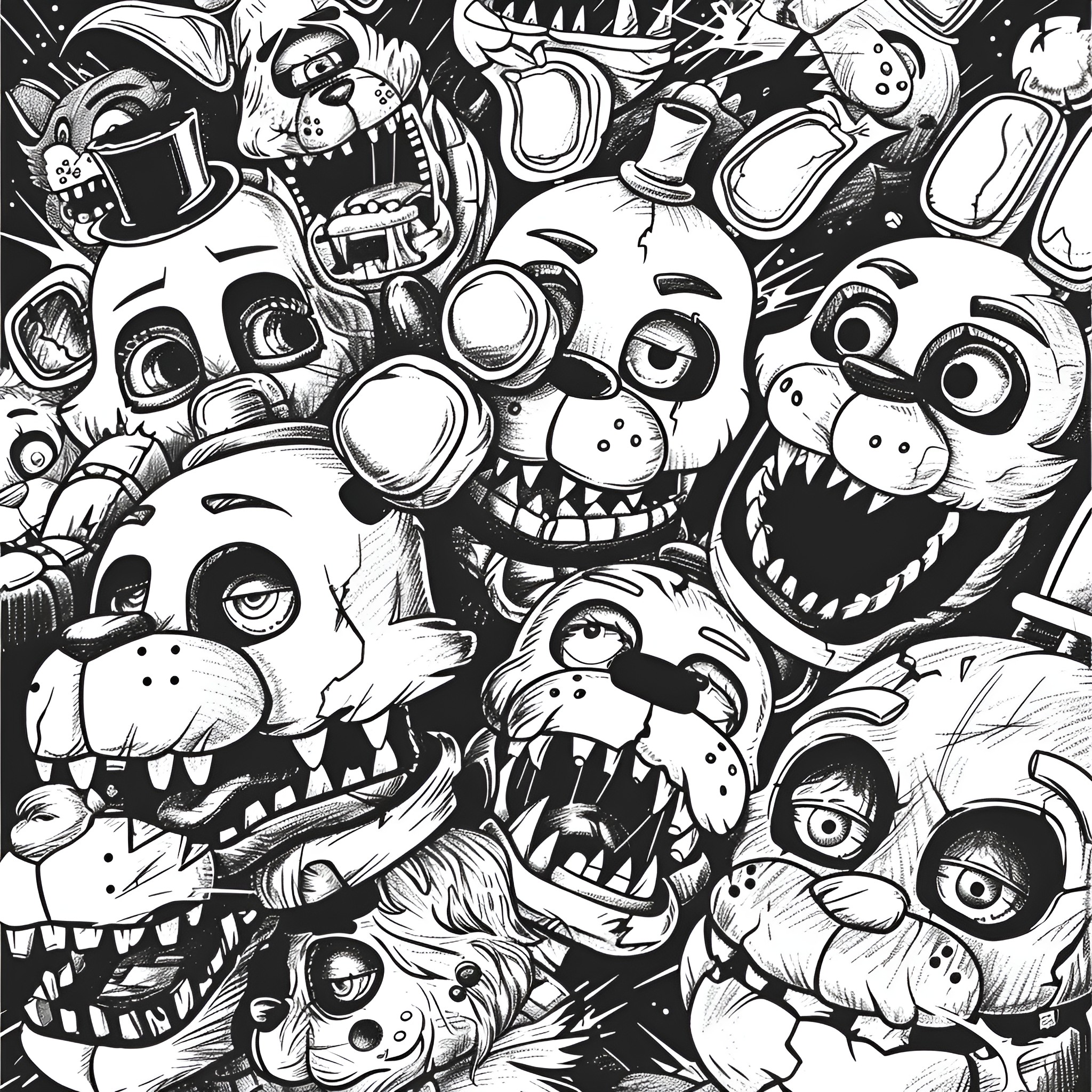 Five Nights At Freddy's Spooky Character Collage Coloring Page (free black-and-white line drawing printable PDF for all, from beginners to advanced learners, including children, teens, adults, and seniors)