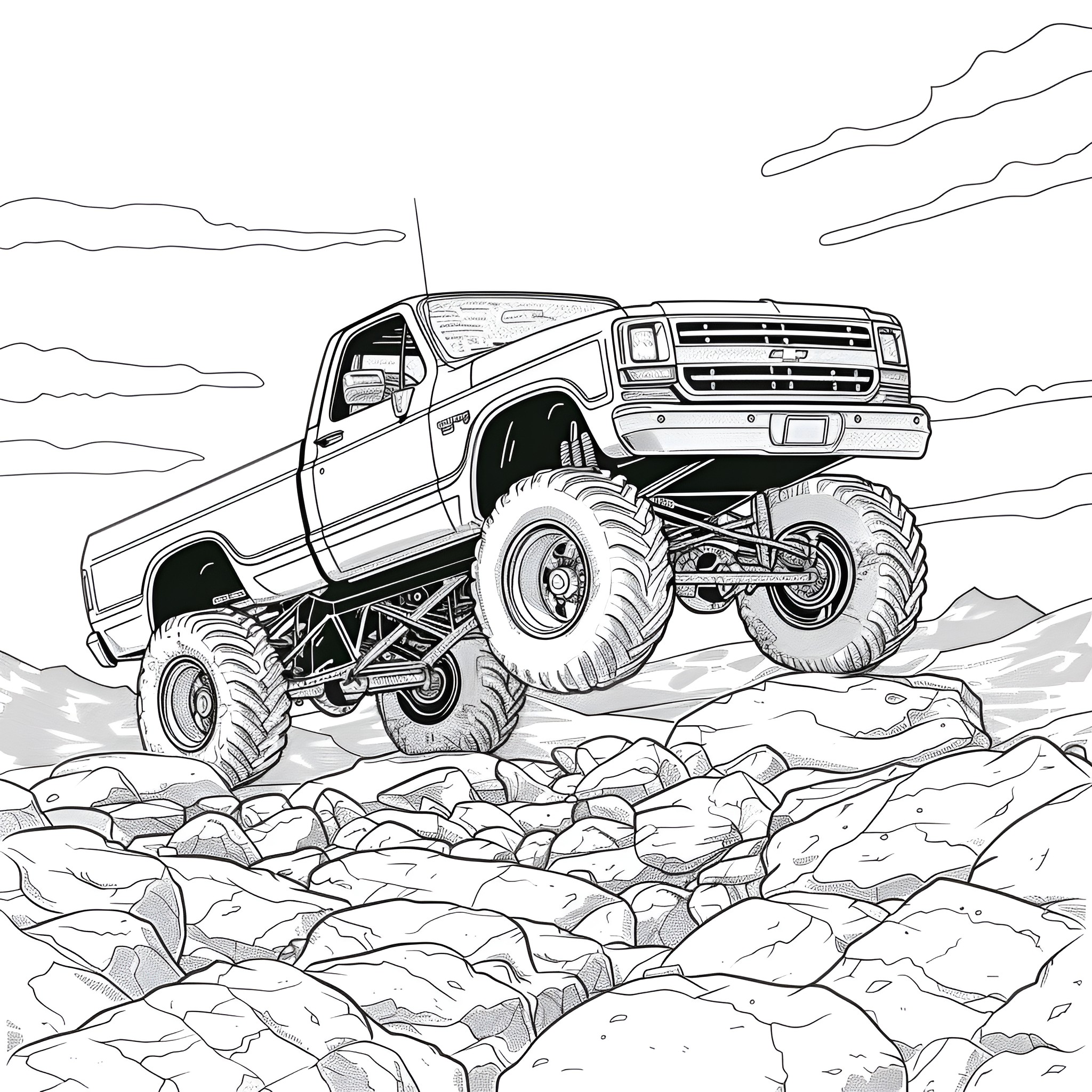 Monster Truck climbing over rocky terrain Coloring Page (free black-and-white line drawing printable PDF for all, from beginners to advanced learners, including children, teens, adults, and seniors)
