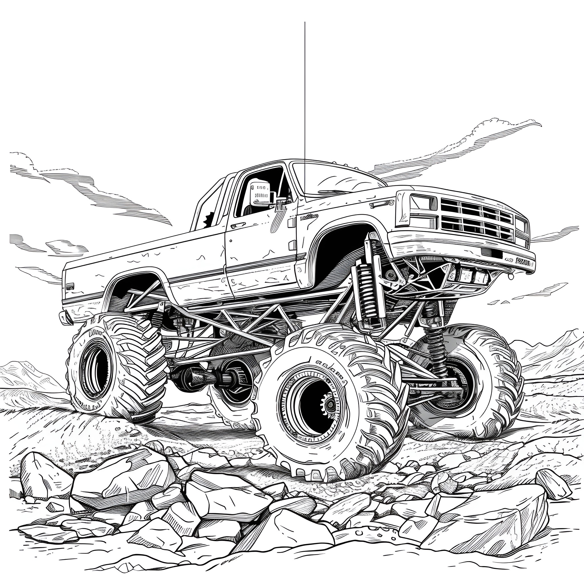 Monster Truck climbing over rocky terrain Coloring Page (free black-and-white line drawing printable PDF for all, from beginners to advanced learners, including children, teens, adults, and seniors)