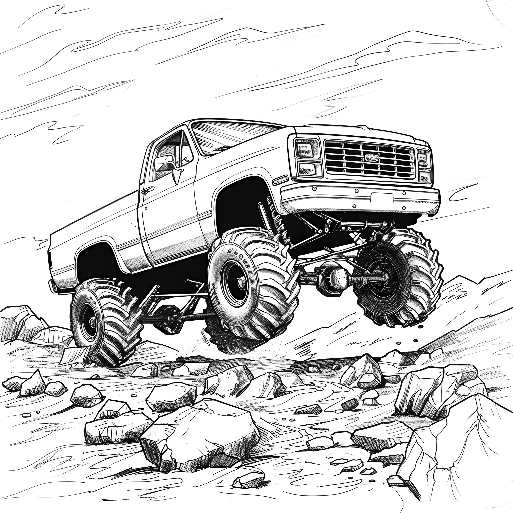 Monster Truck climbing over rocky terrain Coloring Page (free black-and-white line drawing printable PDF for all, from beginners to advanced learners, including children, teens, adults, and seniors)