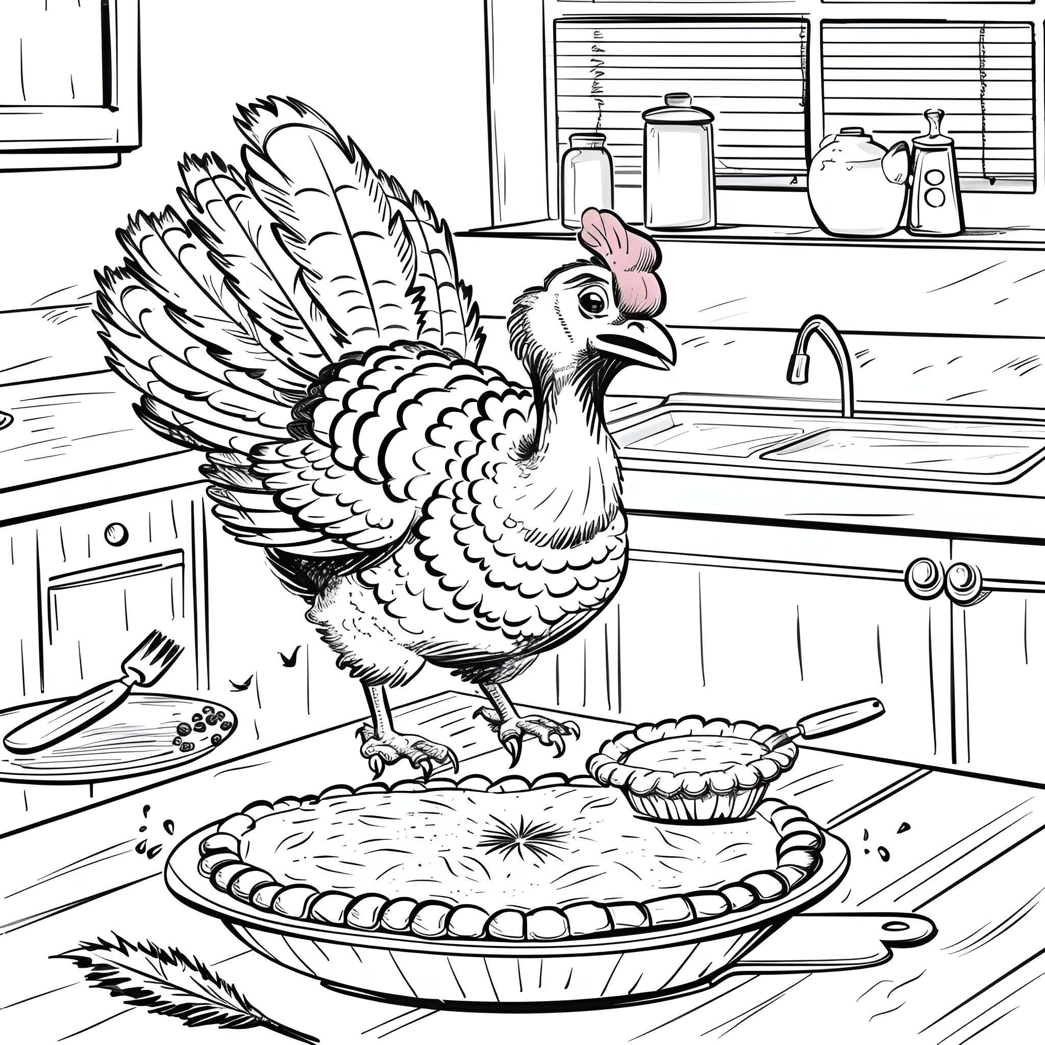 Turkey standing proudly next to Thanksgiving pie Coloring Page (free black-and-white line drawing printable PDF for all, from beginners to advanced learners, including children, teens, adults, and seniors)