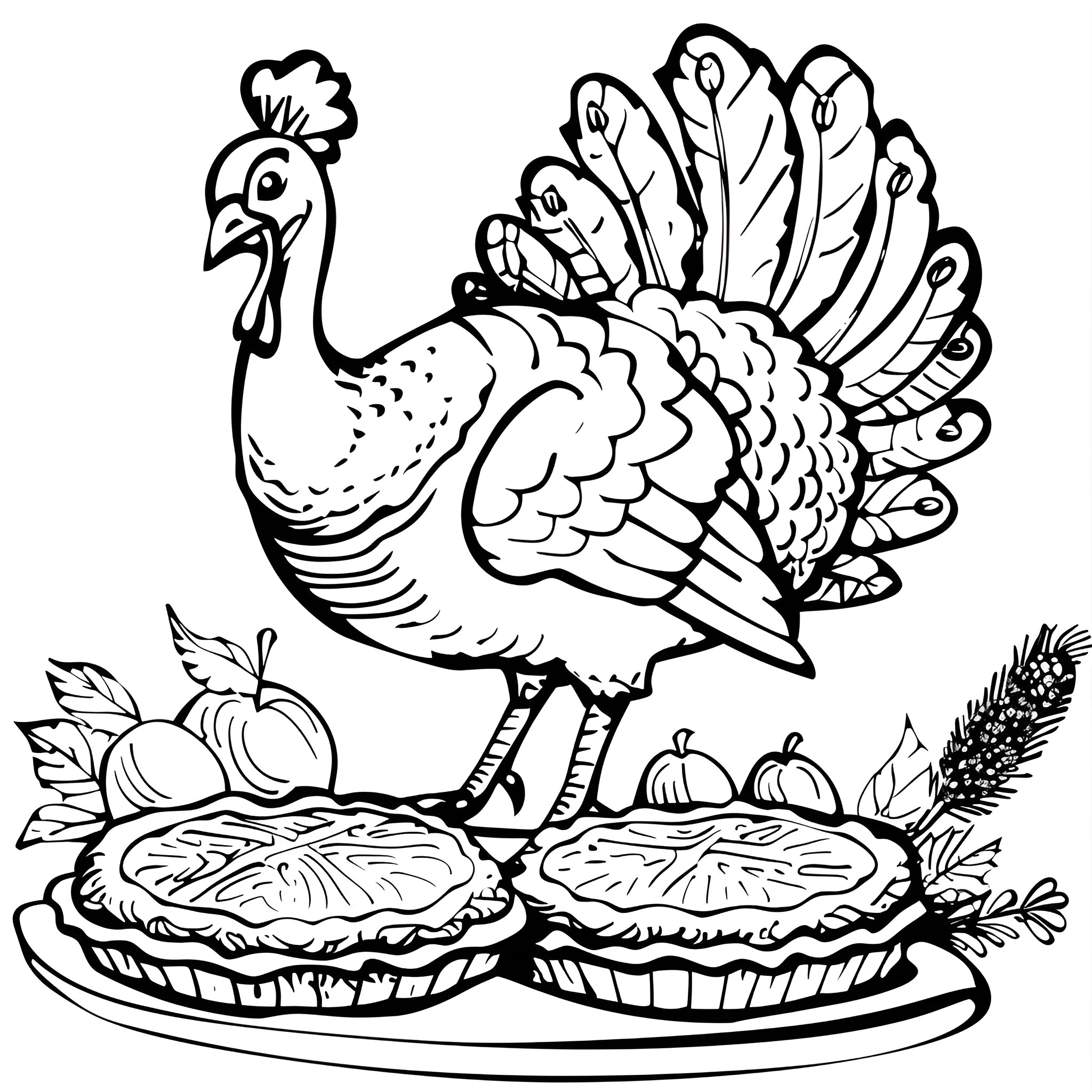 Turkey with Pie and Autumn Leaves Coloring Page (free black-and-white line drawing printable PDF for all, from beginners to advanced learners, including children, teens, adults, and seniors)