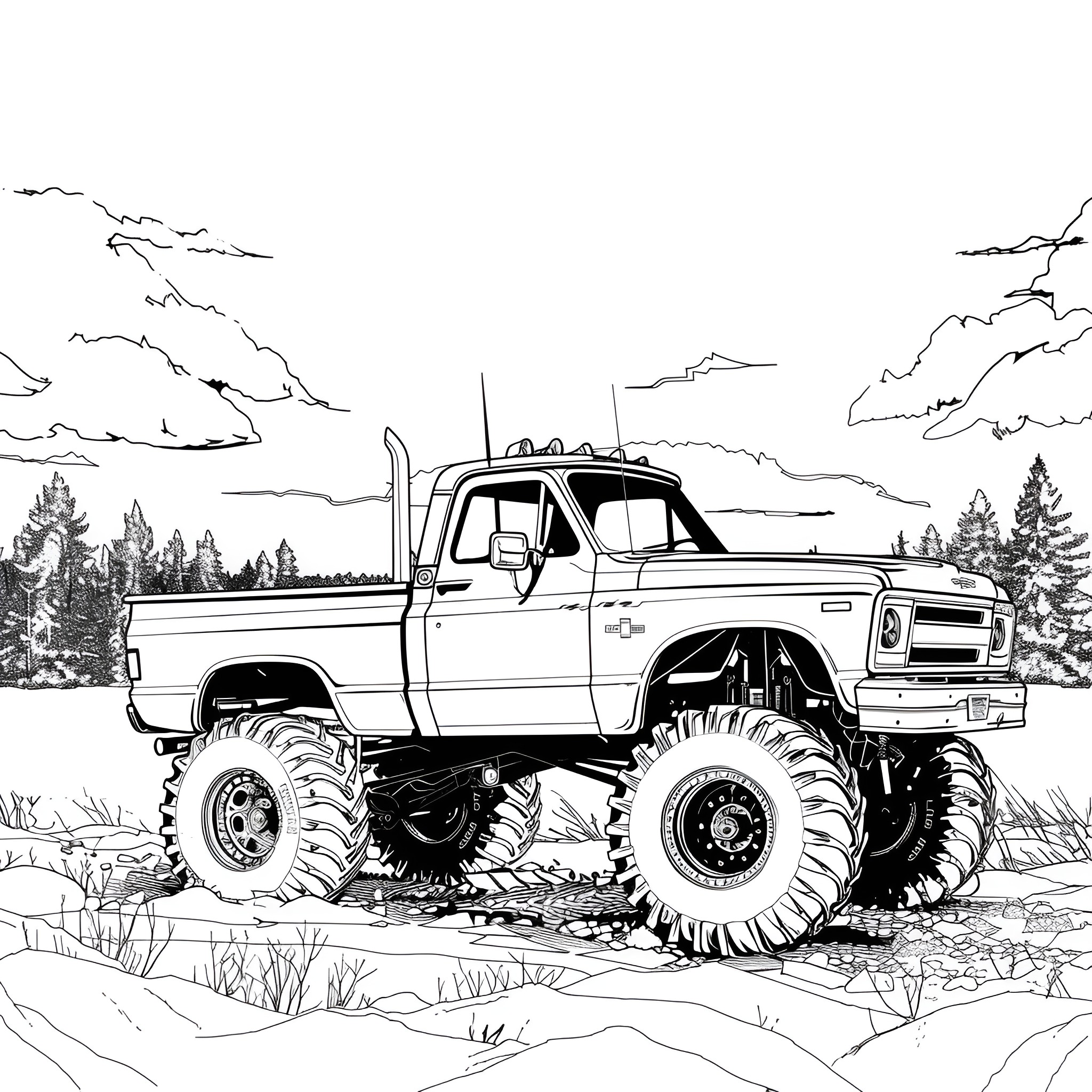 Monster Truck Navigating Rugged Terrain Coloring Page (free black-and-white line drawing printable PDF for all, from beginners to advanced learners, including children, teens, adults, and seniors)