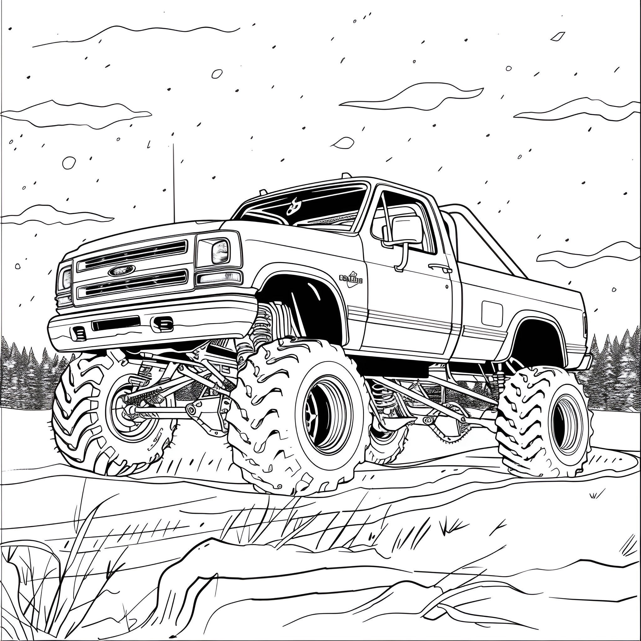 Monster Truck racing through the snow Coloring Page (free black-and-white line drawing printable PDF for all, from beginners to advanced learners, including children, teens, adults, and seniors)