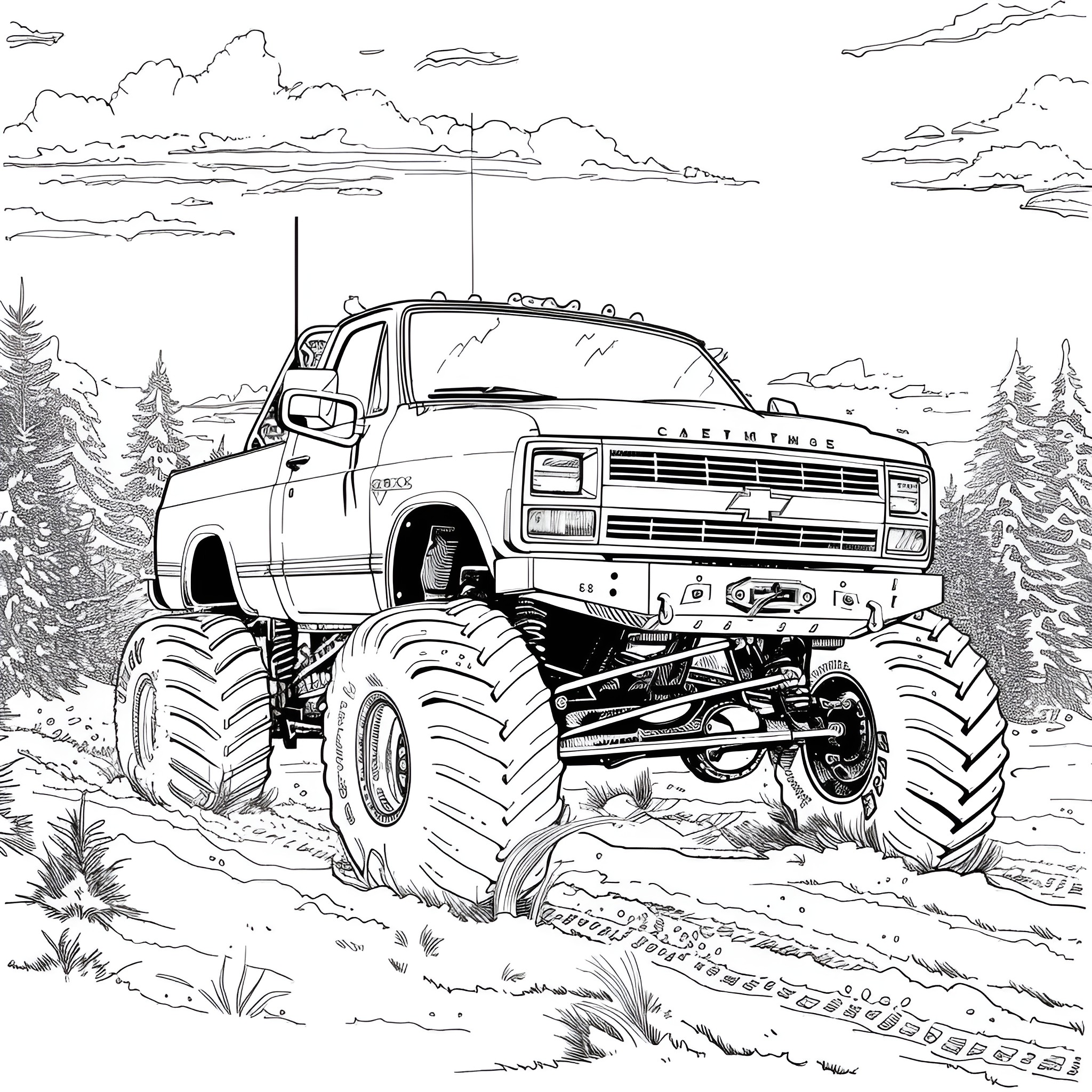 Monster Truck Climbing Rugged Terrain Coloring Page (free black-and-white line drawing printable PDF for all, from beginners to advanced learners, including children, teens, adults, and seniors)