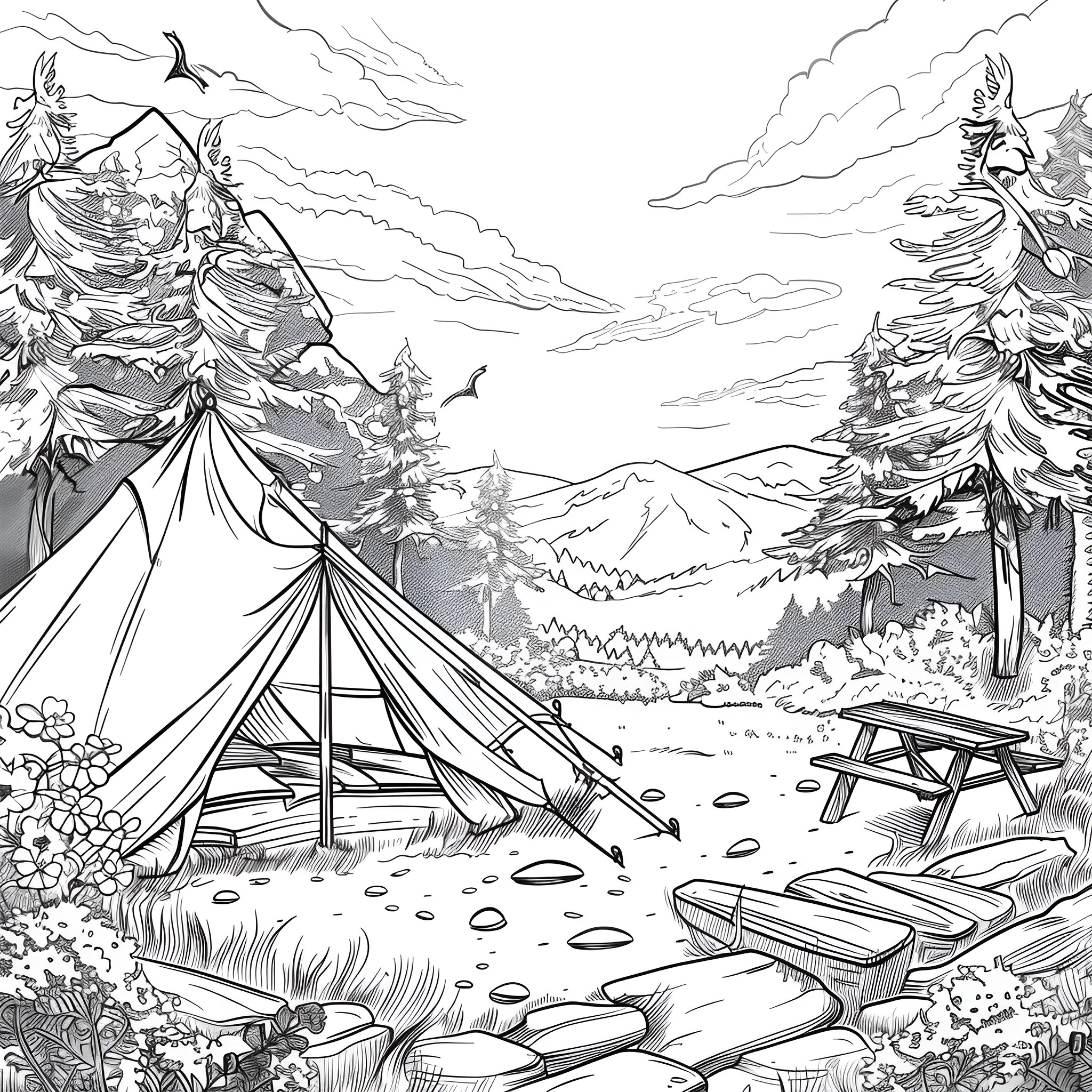 Aesthetic camping in the wilderness Coloring Page (free black-and-white line drawing printable PDF for all, from beginners to advanced learners, including children, teens, adults, and seniors)