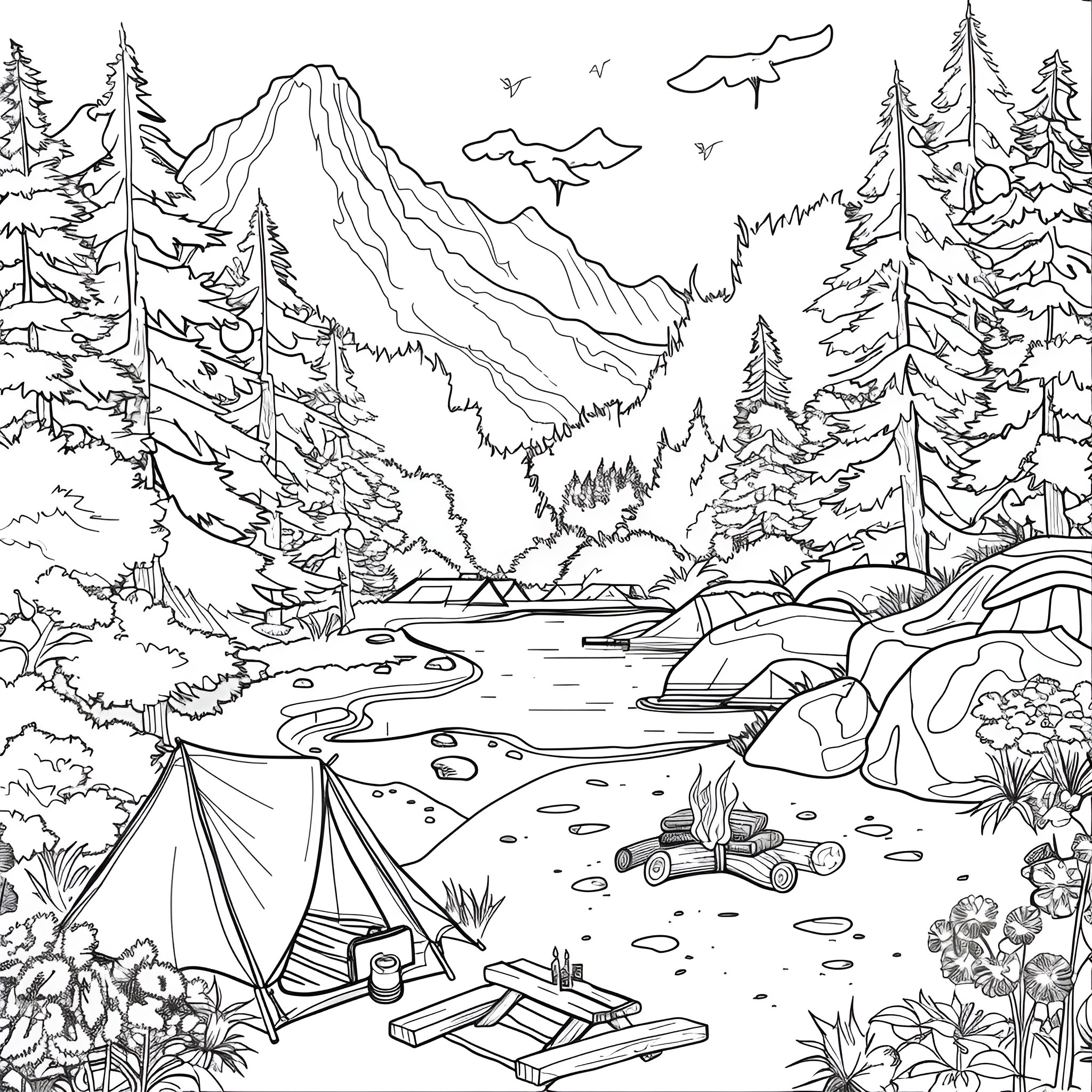 Aesthetic camping in scenic woodland landscape Coloring Page (free black-and-white line drawing printable PDF for all, from beginners to advanced learners, including children, teens, adults, and seniors)