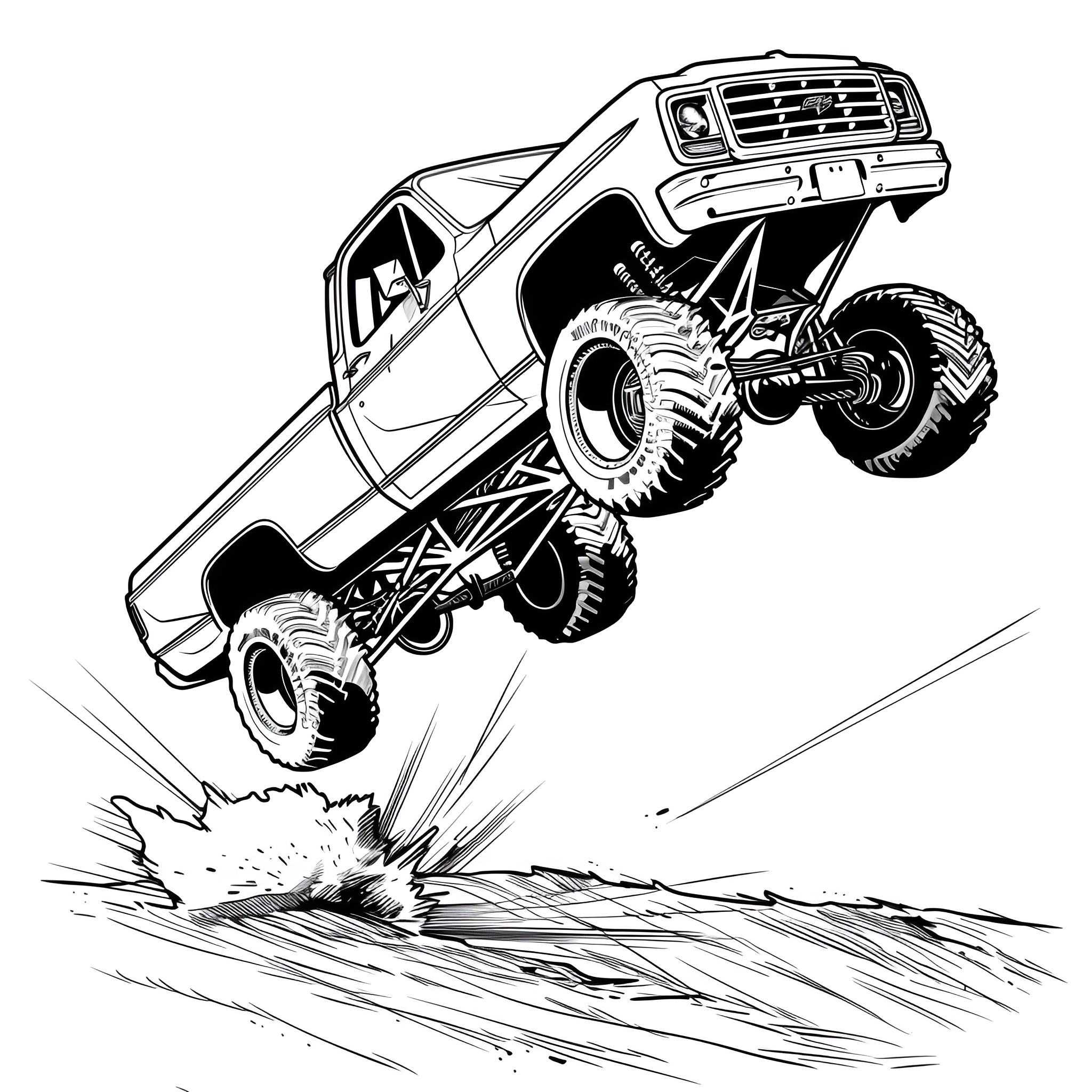 Monster Truck performing impressive jump Coloring Page (free black-and-white line drawing printable PDF for all, from beginners to advanced learners, including children, teens, adults, and seniors)