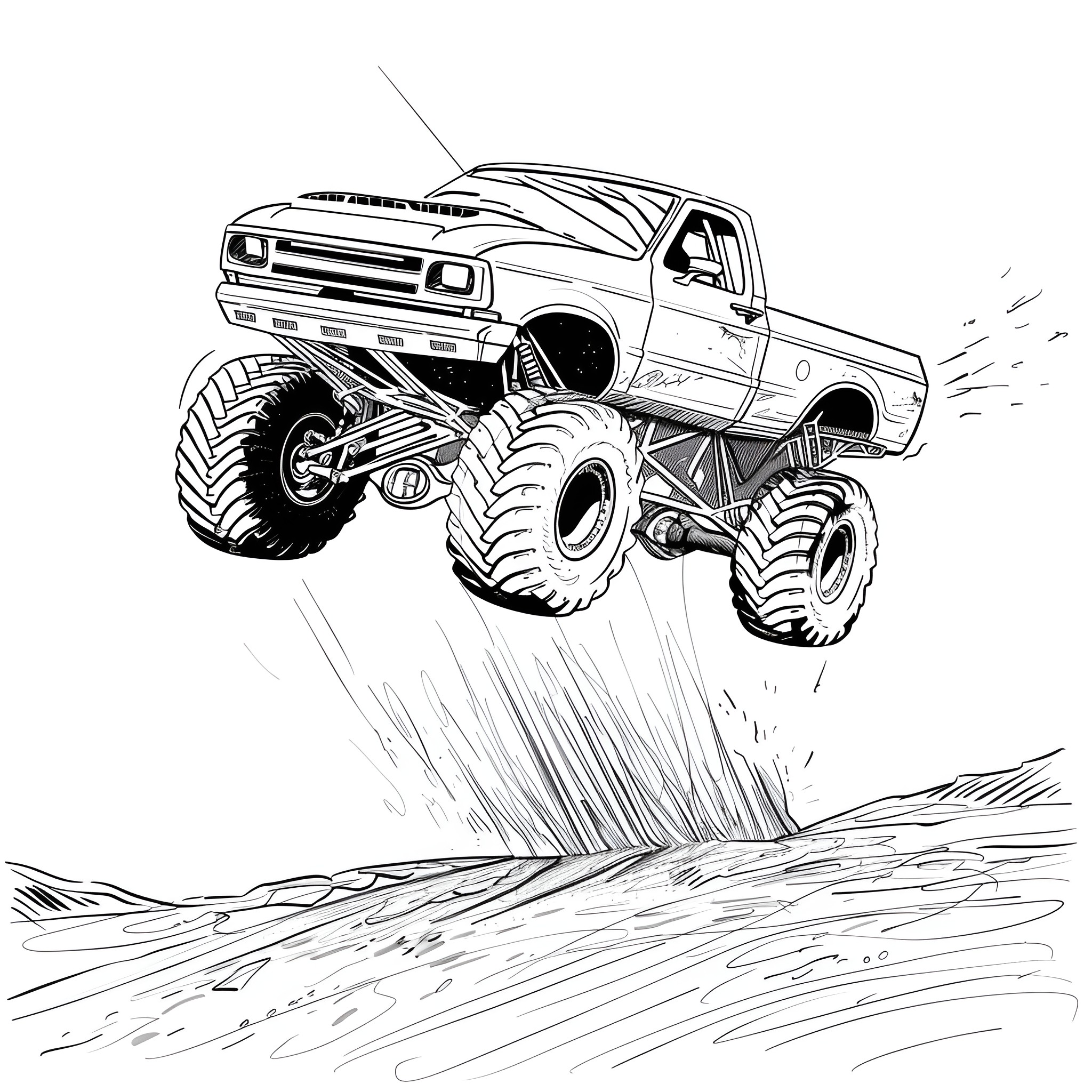 Monster Truck Soaring Over Rugged Terrain Coloring Page (free black-and-white line drawing printable PDF for all, from beginners to advanced learners, including children, teens, adults, and seniors)