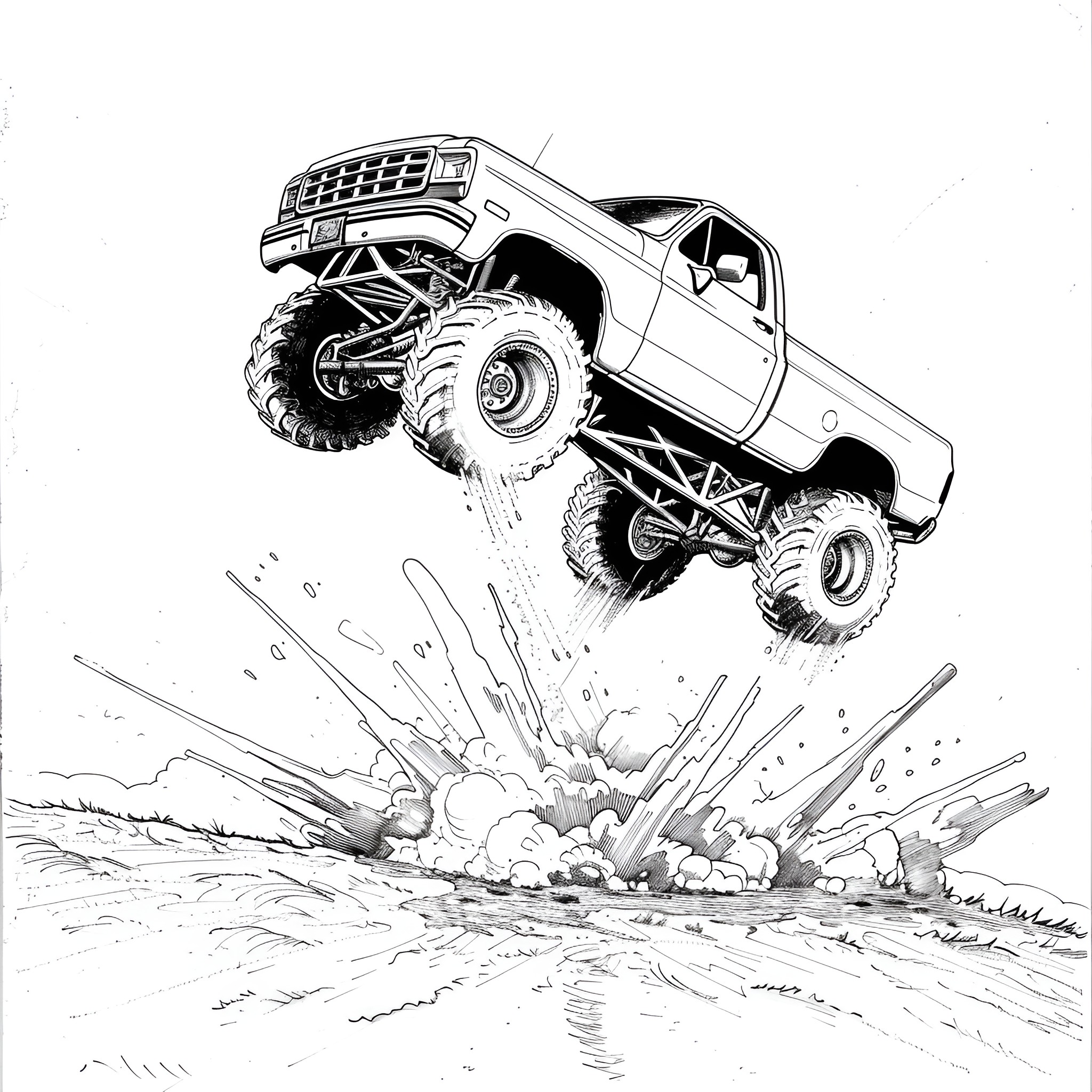Monster Truck Jumping Through Explosion Coloring Page (free black-and-white line drawing printable PDF for all, from beginners to advanced learners, including children, teens, adults, and seniors)