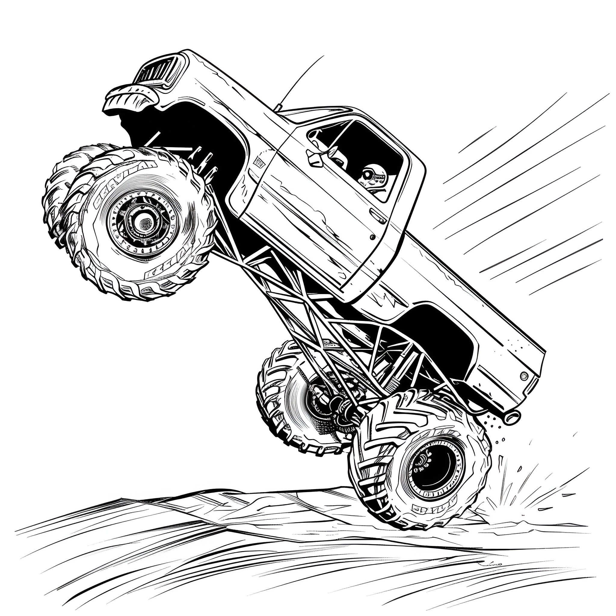 Monster Truck Performing Extreme Stunts Coloring Page (free black-and-white line drawing printable PDF for all, from beginners to advanced learners, including children, teens, adults, and seniors)