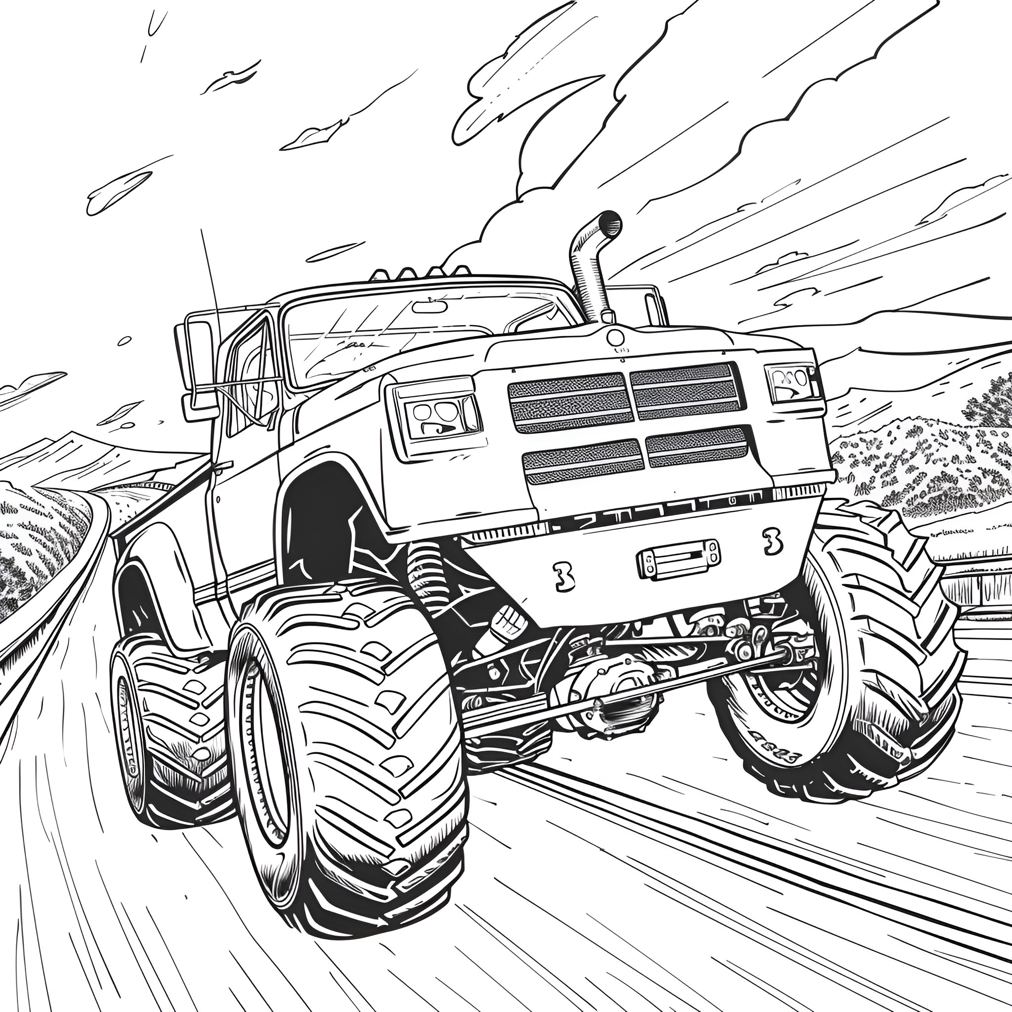 Monster Truck Off-Road Adventure Coloring Page (free black-and-white line drawing printable PDF for all, from beginners to advanced learners, including children, teens, adults, and seniors)