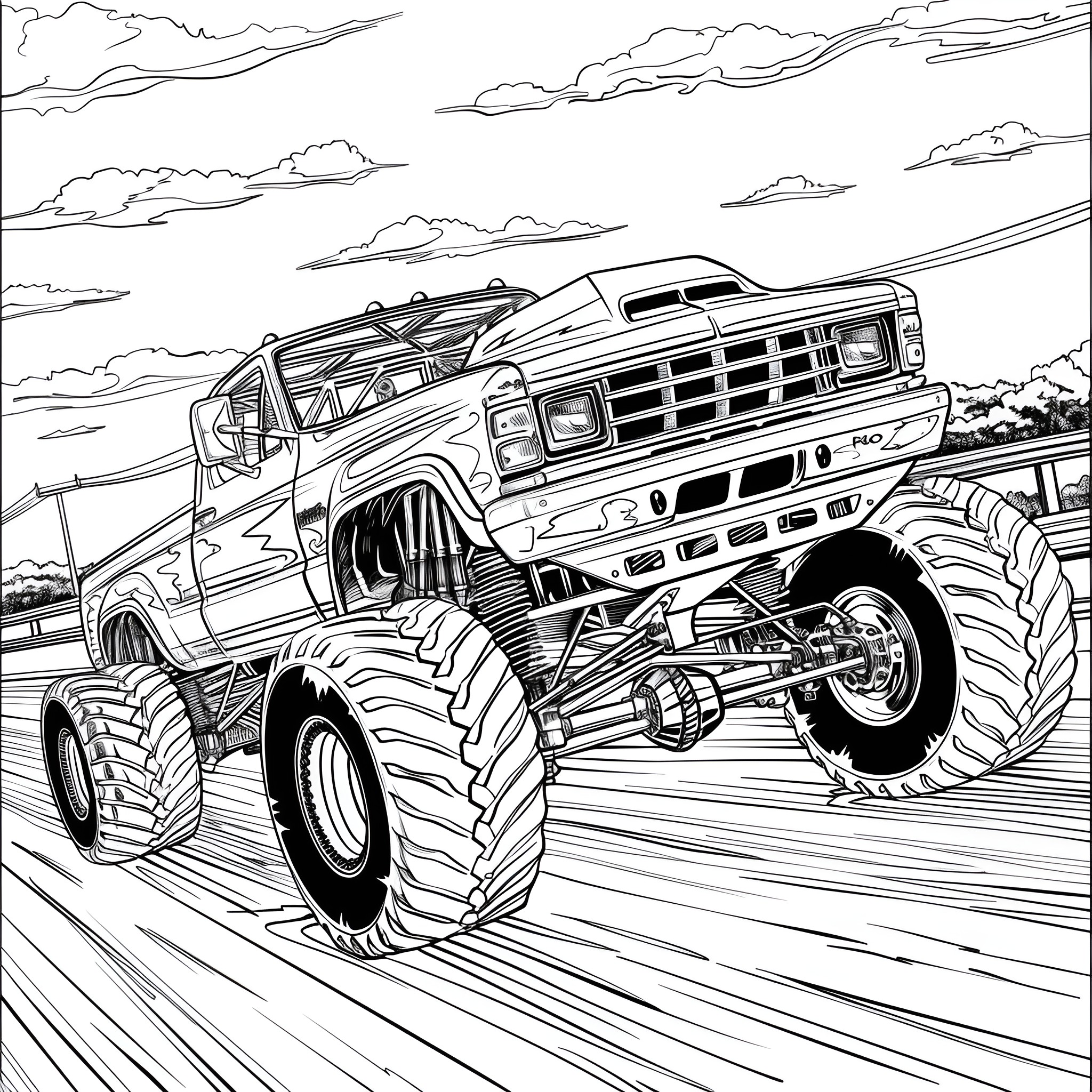 Monster Truck Jumping Over Rough Terrain Coloring Page (free black-and-white line drawing printable PDF for all, from beginners to advanced learners, including children, teens, adults, and seniors)