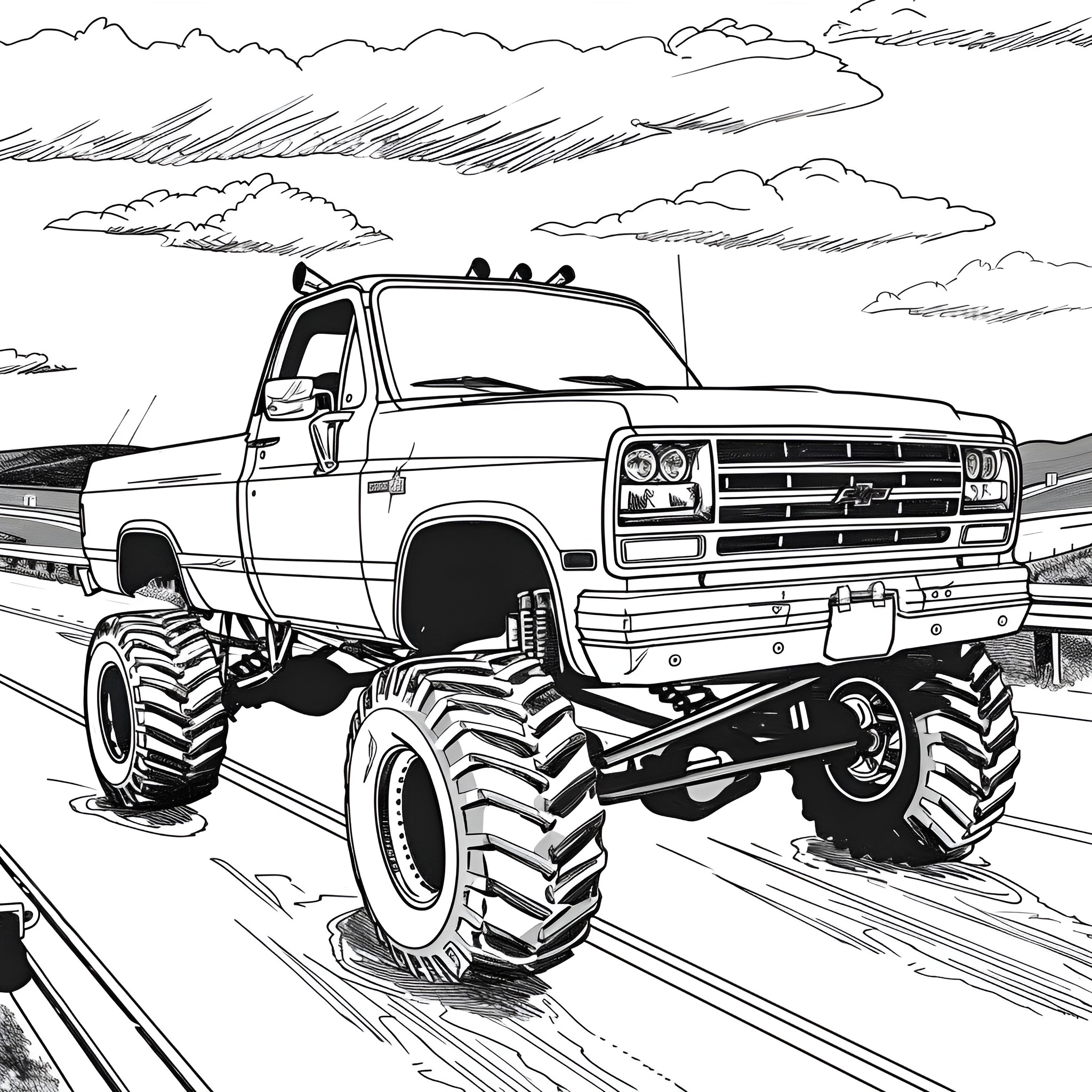Monster Truck performing stunts in wild terrain Coloring Page (free black-and-white line drawing printable PDF for all, from beginners to advanced learners, including children, teens, adults, and seniors)