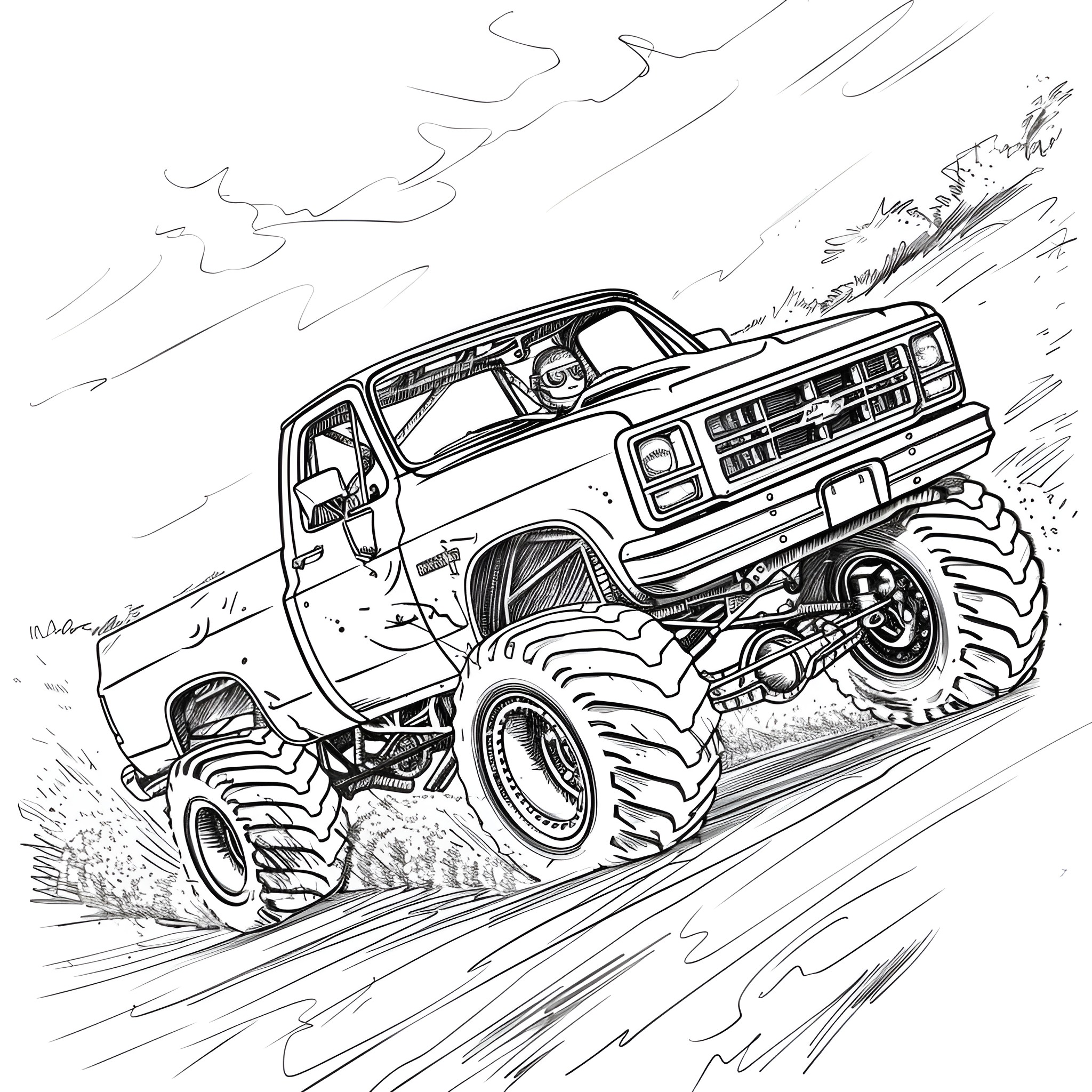 Monster Truck jumping over obstacles Coloring Page (free black-and-white line drawing printable PDF for all, from beginners to advanced learners, including children, teens, adults, and seniors)