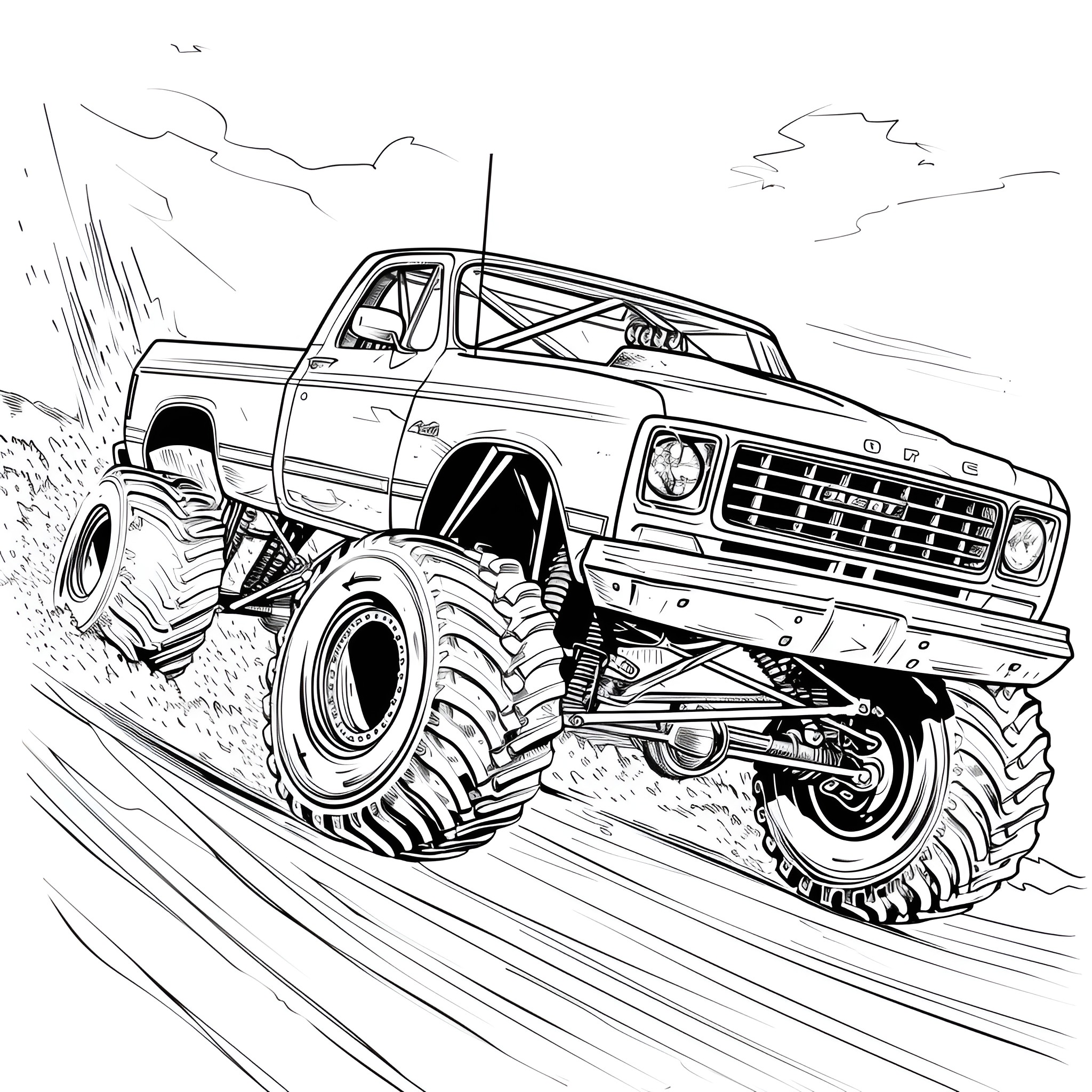 Monster Truck racing through off-road terrain Coloring Page (free black-and-white line drawing printable PDF for all, from beginners to advanced learners, including children, teens, adults, and seniors)