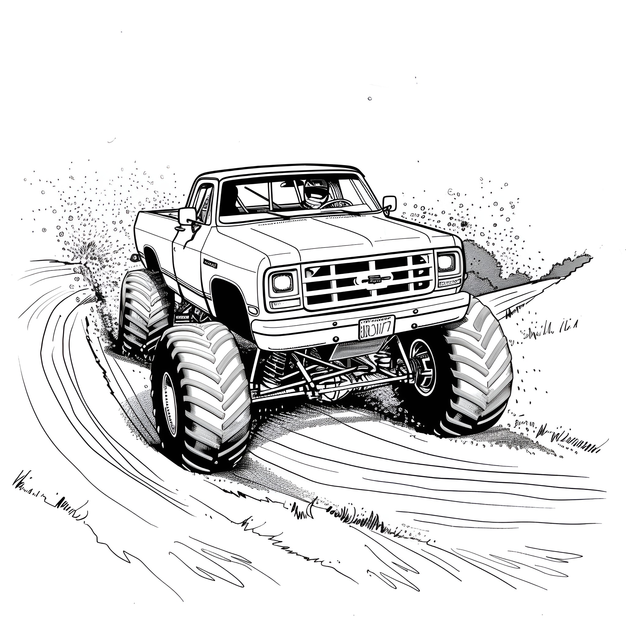 Monster Truck crushing terrain Coloring Page (free black-and-white line drawing printable PDF for all, from beginners to advanced learners, including children, teens, adults, and seniors)