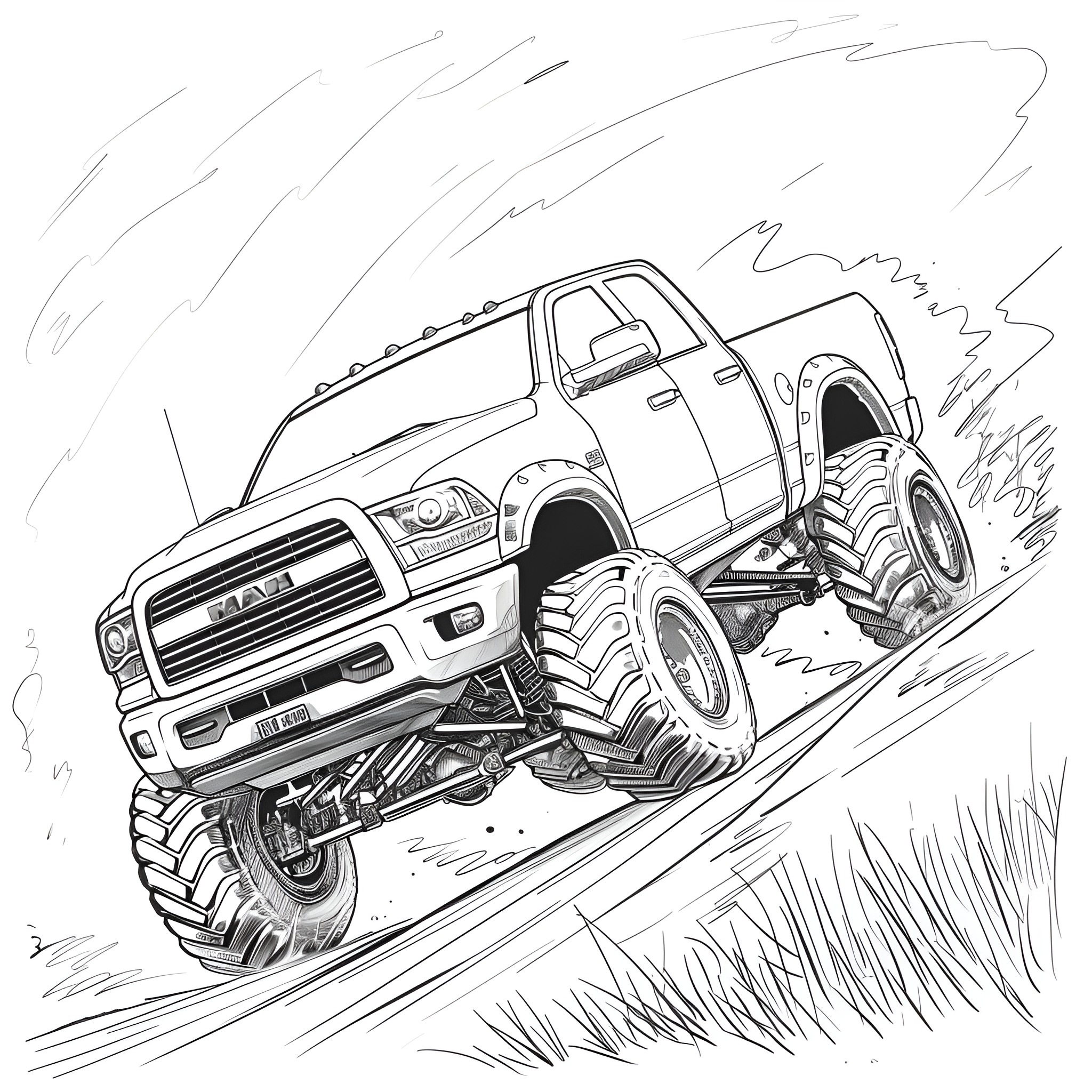 Monster Truck Climbing Over Obstacles Coloring Page (free black-and-white line drawing printable PDF for all, from beginners to advanced learners, including children, teens, adults, and seniors)