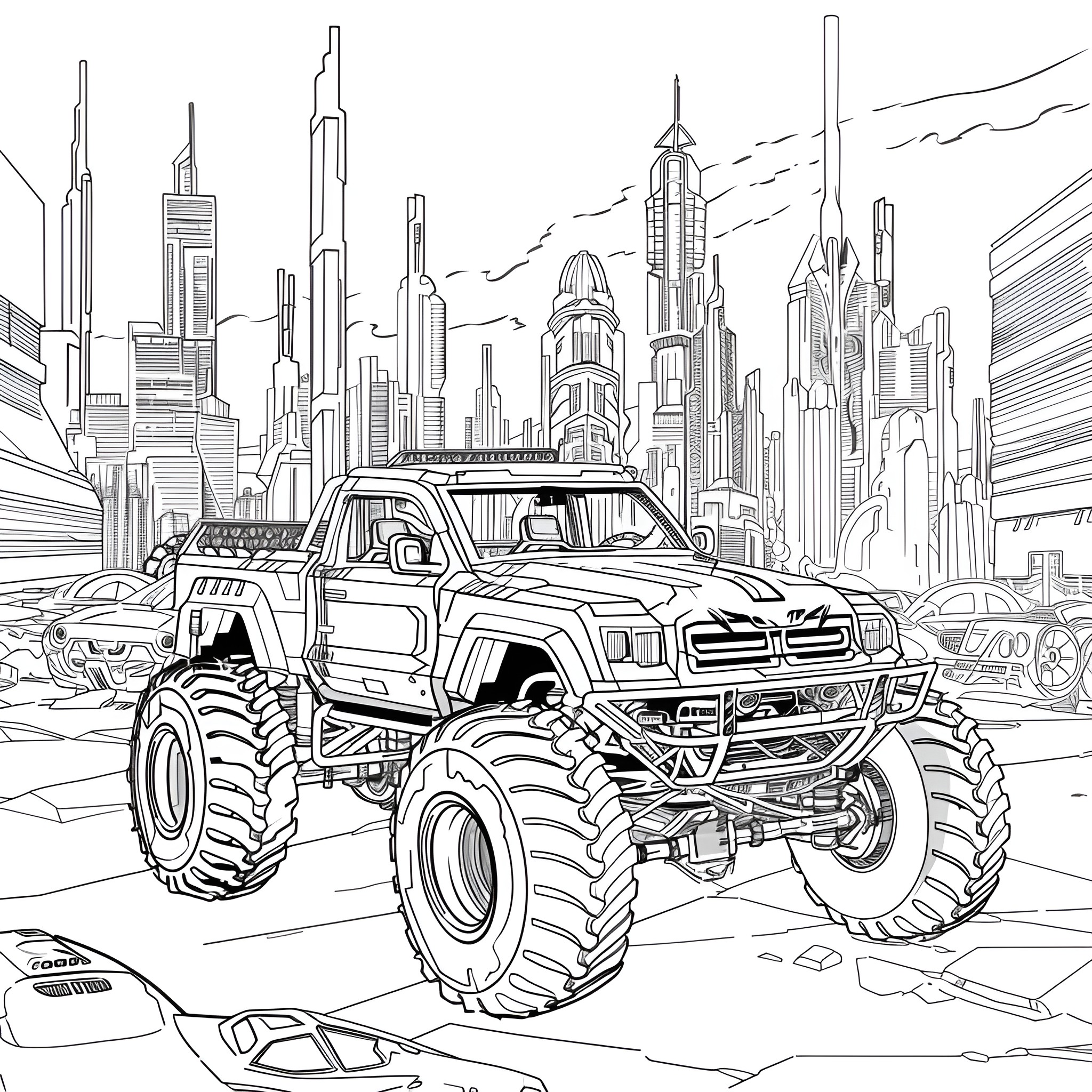 Monster Truck Navigating Futuristic Cityscape Coloring Page (free black-and-white line drawing printable PDF for all, from beginners to advanced learners, including children, teens, adults, and seniors)