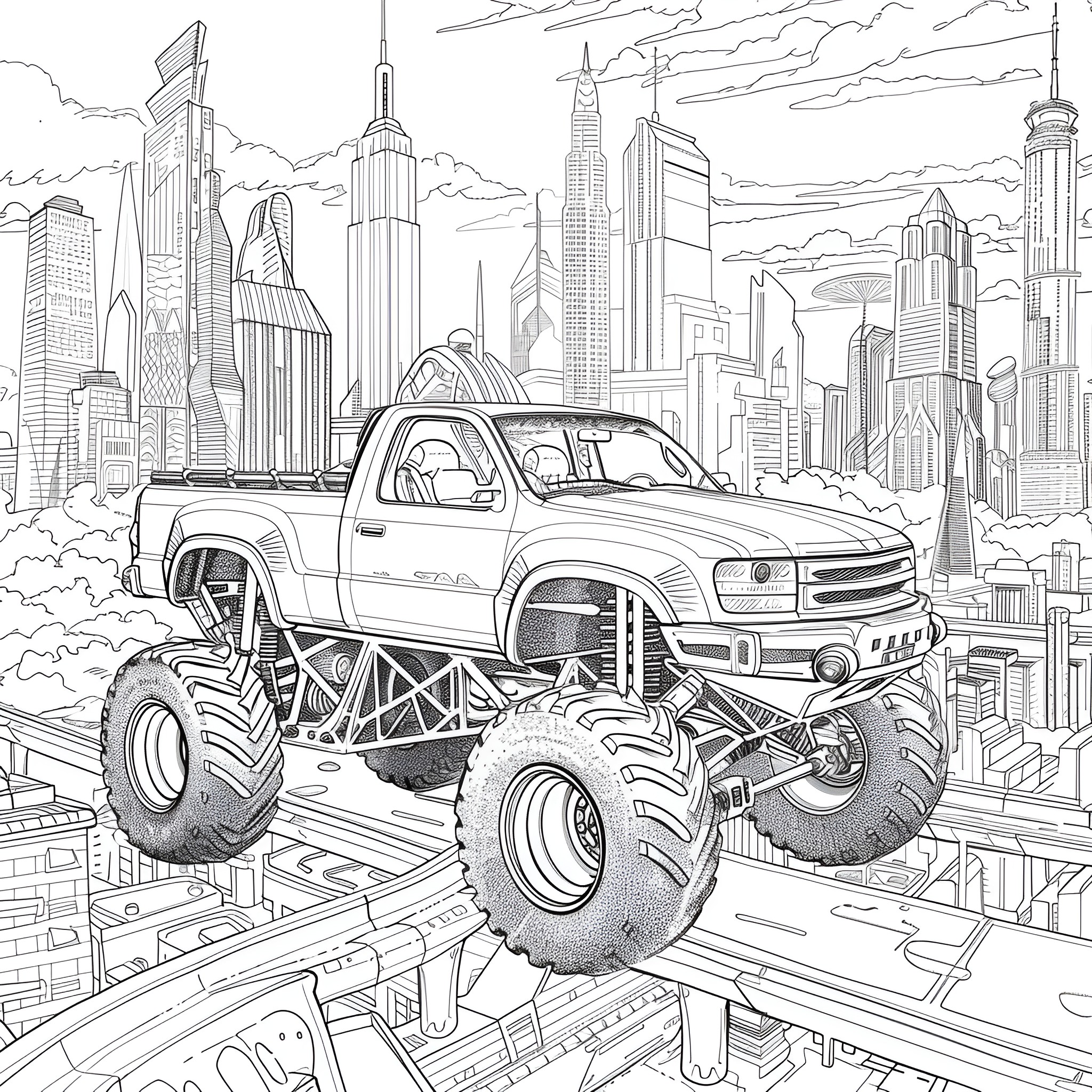 Monster Truck jumping over urban cityscape Coloring Page (free black-and-white line drawing printable PDF for all, from beginners to advanced learners, including children, teens, adults, and seniors)