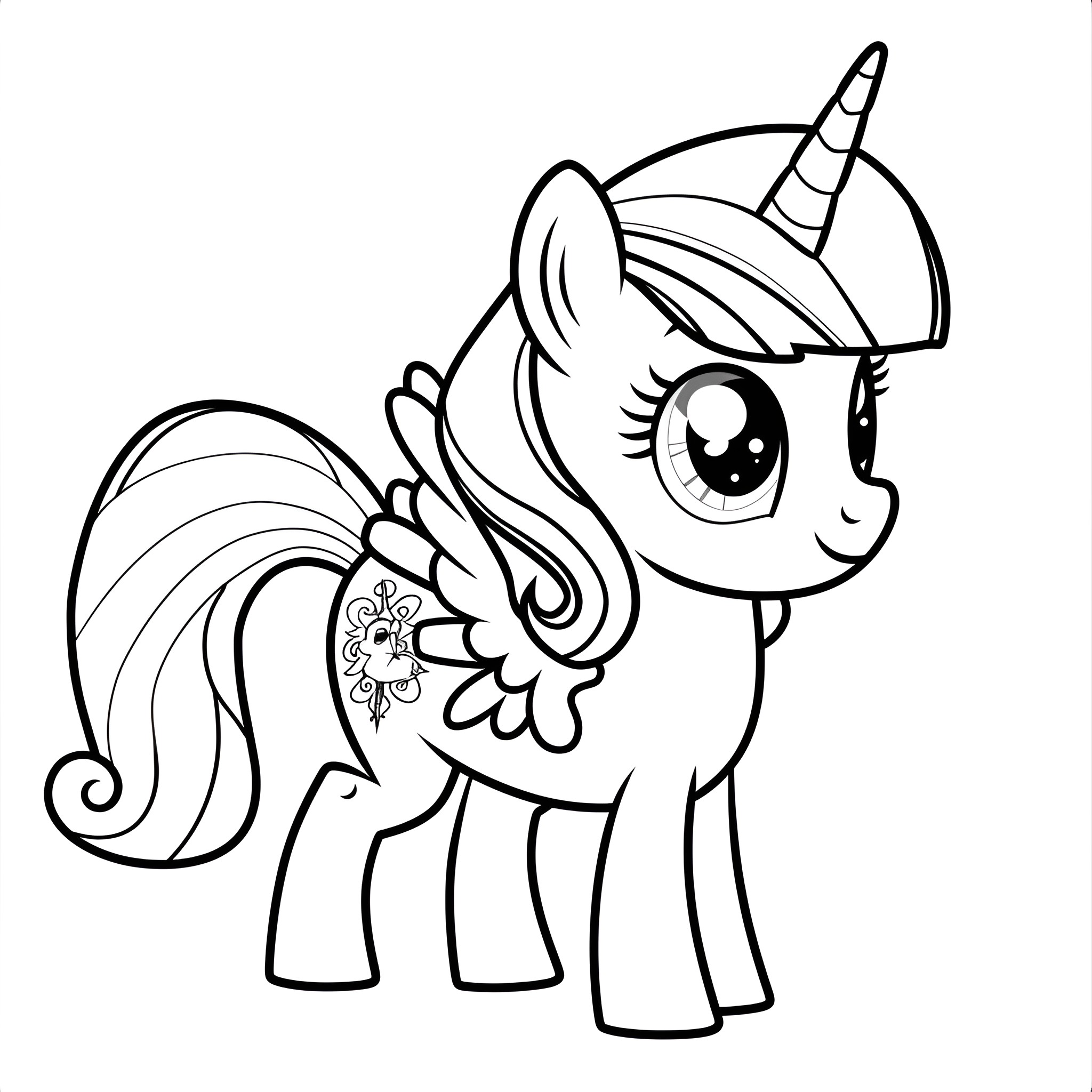 My Little Pony magical unicorn character Coloring Page (free black-and-white line drawing printable PDF for all, from beginners to advanced learners, including children, teens, adults, and seniors)