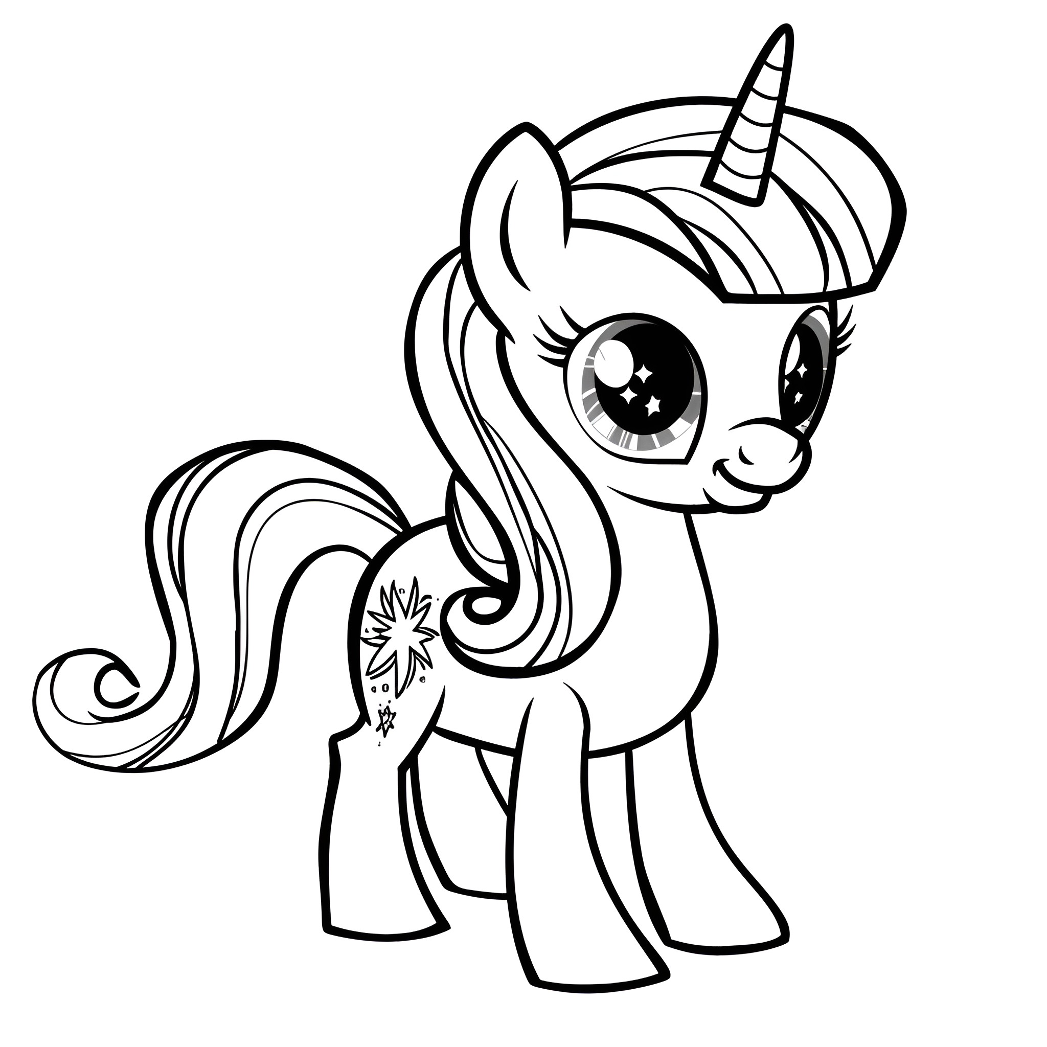 My Little Pony unicorn with cute expression Coloring Page (free black-and-white line drawing printable PDF for all, from beginners to advanced learners, including children, teens, adults, and seniors)