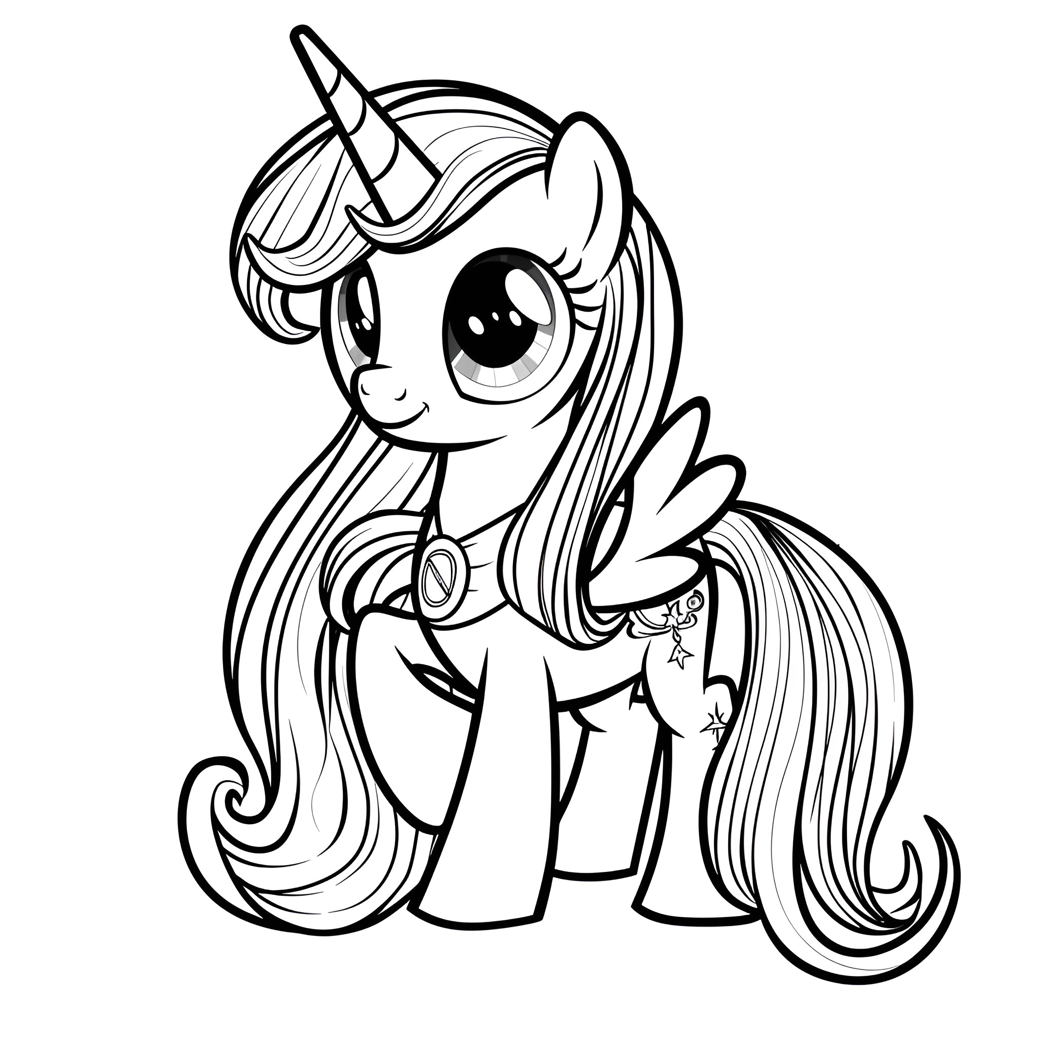 My Little Pony with horn and wings Coloring Page (free black-and-white line drawing printable PDF for all, from beginners to advanced learners, including children, teens, adults, and seniors)