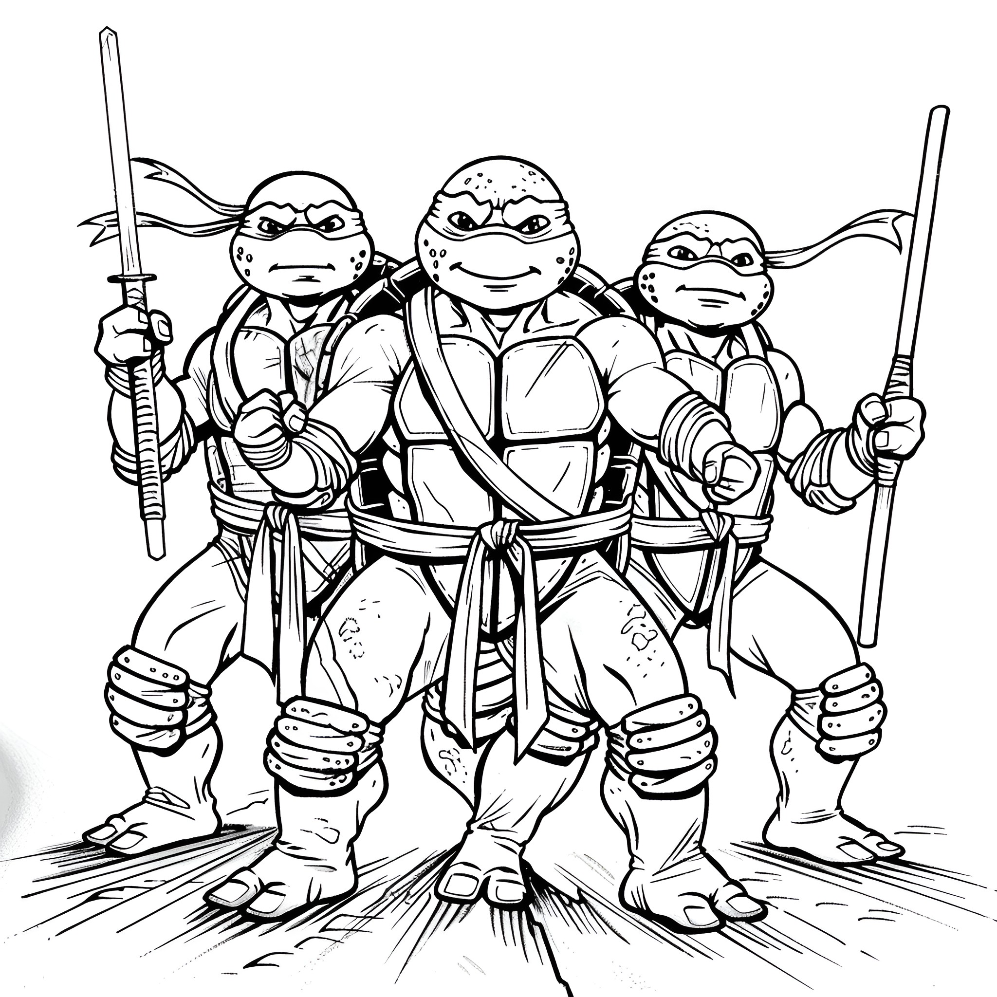Ninja Turtles on a mission Coloring Page (free black-and-white line drawing printable PDF for all, from beginners to advanced learners, including children, teens, adults, and seniors)
