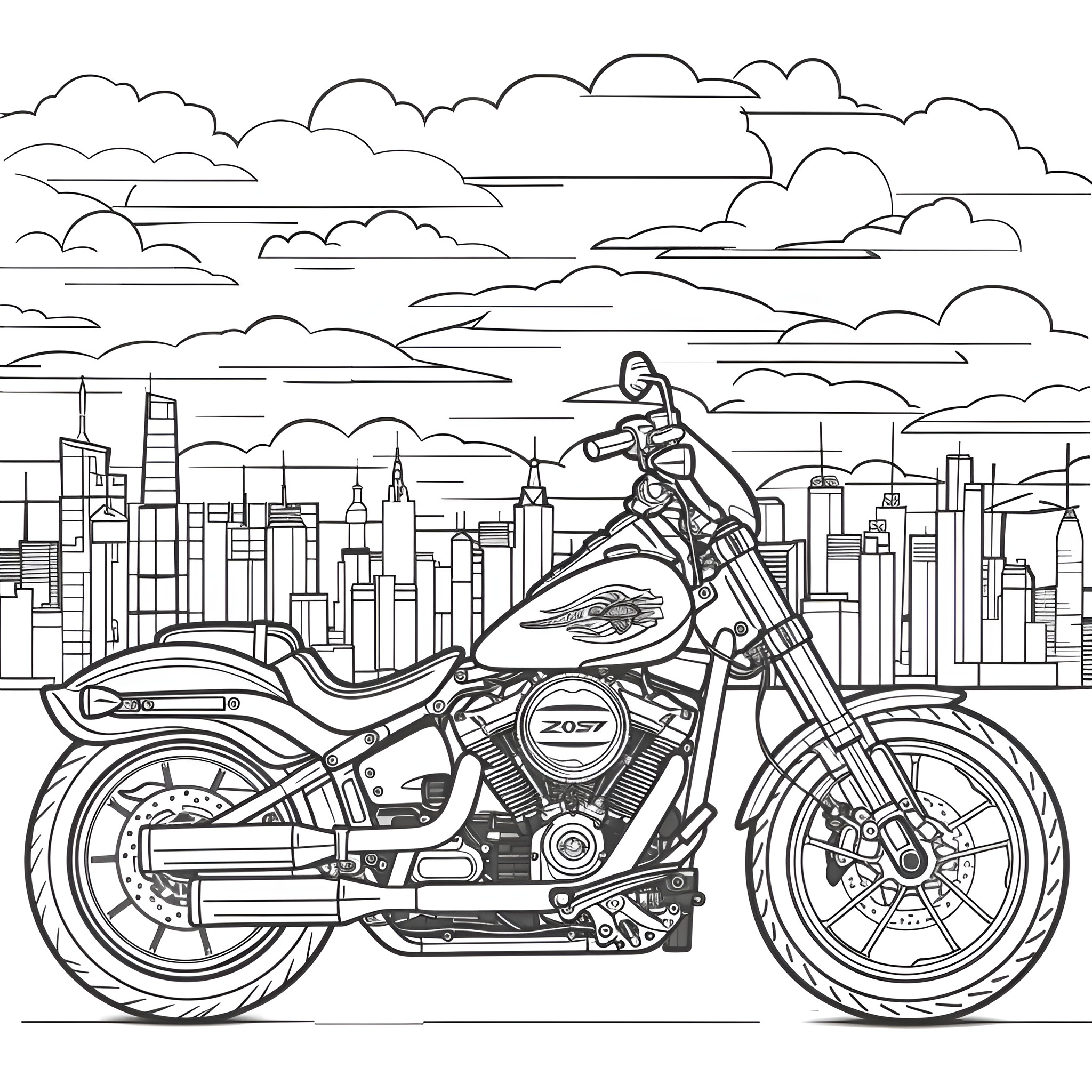 Motorcycle cruising through urban landscape Coloring Page (free black-and-white line drawing printable PDF for all, from beginners to advanced learners, including children, teens, adults, and seniors)