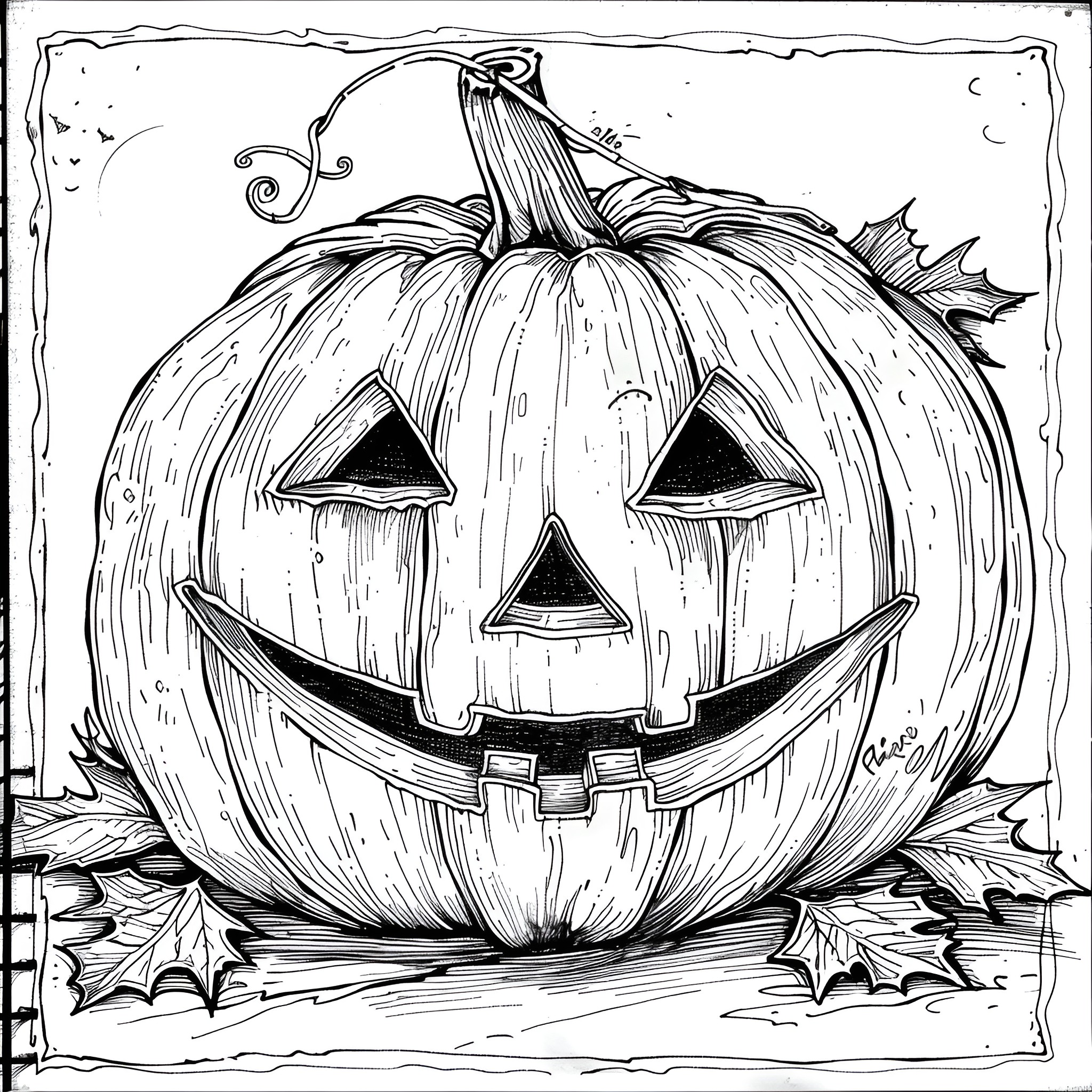 Pumpkin with Spooky Jack-o'-lantern Face Coloring Page (free black-and-white line drawing printable PDF for all, from beginners to advanced learners, including children, teens, adults, and seniors)