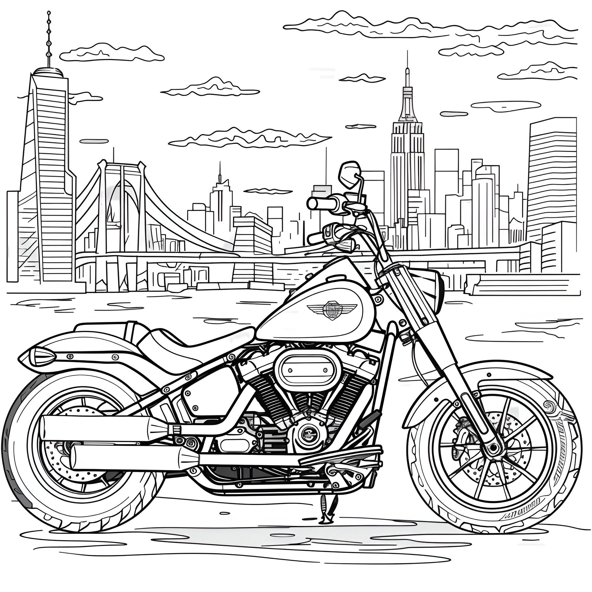 Motorcycle in Urban Cityscape Coloring Page (free black-and-white line drawing printable PDF for all, from beginners to advanced learners, including children, teens, adults, and seniors)