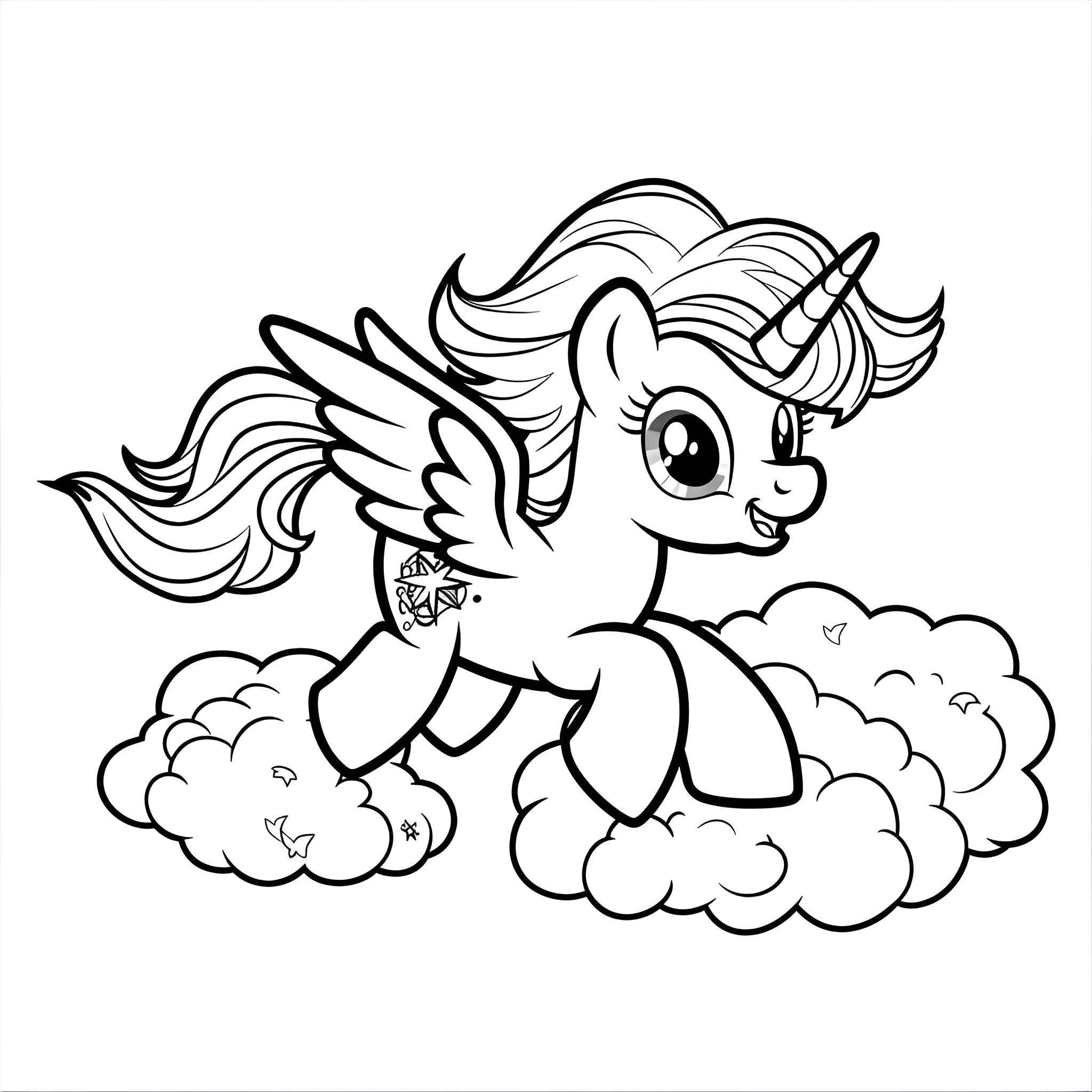 My Little Pony Unicorn Flying Among Clouds Coloring Page (free black-and-white line drawing printable PDF for all, from beginners to advanced learners, including children, teens, adults, and seniors)