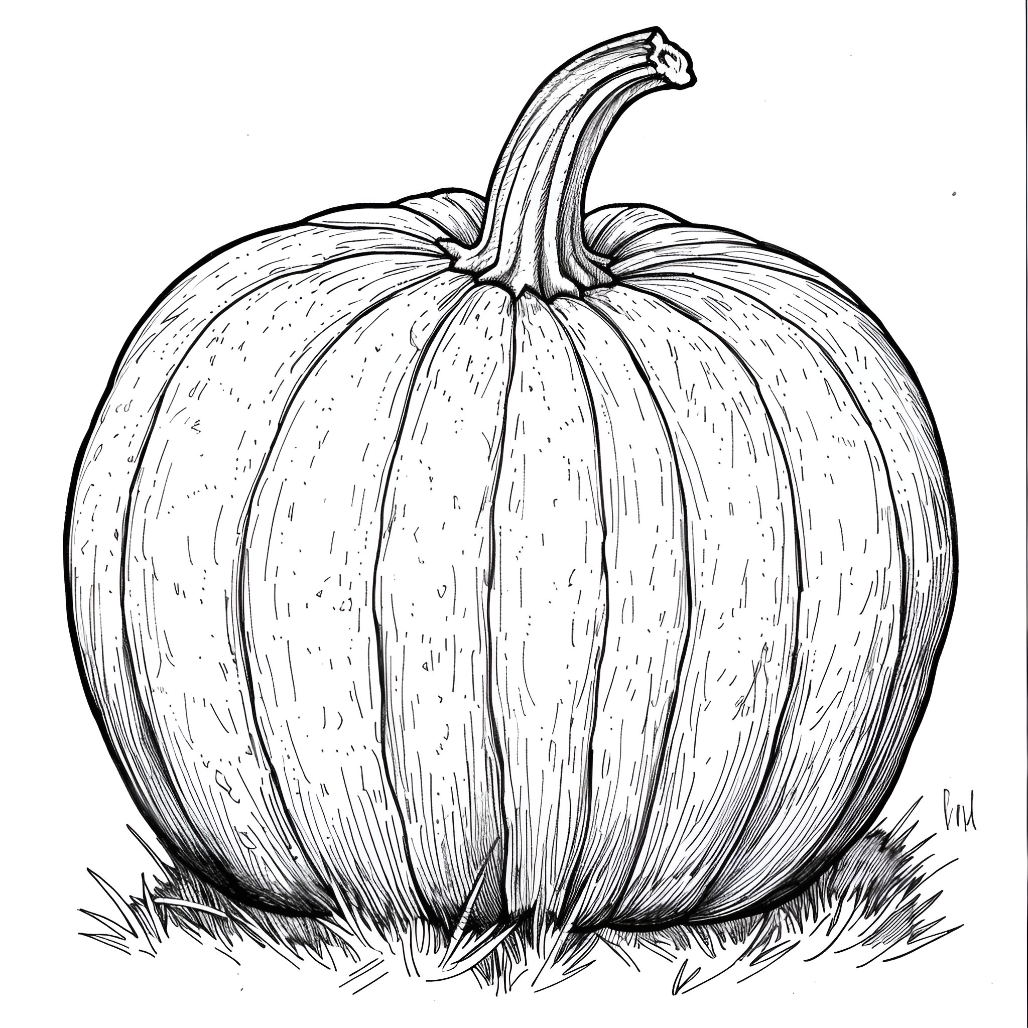 Pumpkin in the Grass Coloring Page (free black-and-white line drawing printable PDF for all, from beginners to advanced learners, including children, teens, adults, and seniors)