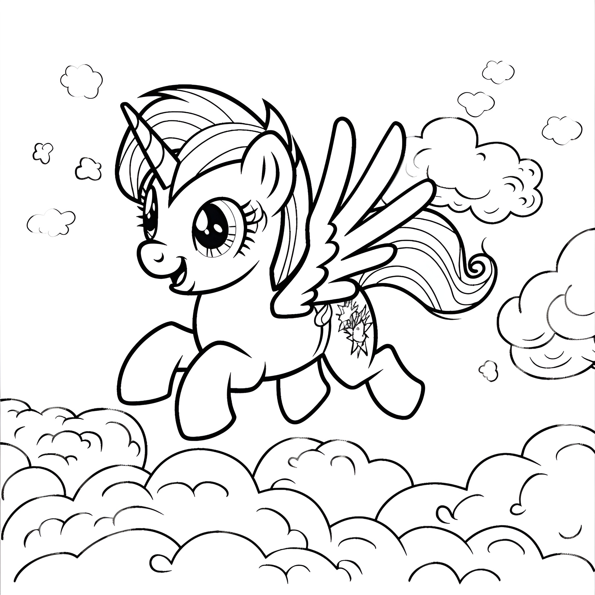 My Little Pony soaring through the clouds Coloring Page (free black-and-white line drawing printable PDF for all, from beginners to advanced learners, including children, teens, adults, and seniors)