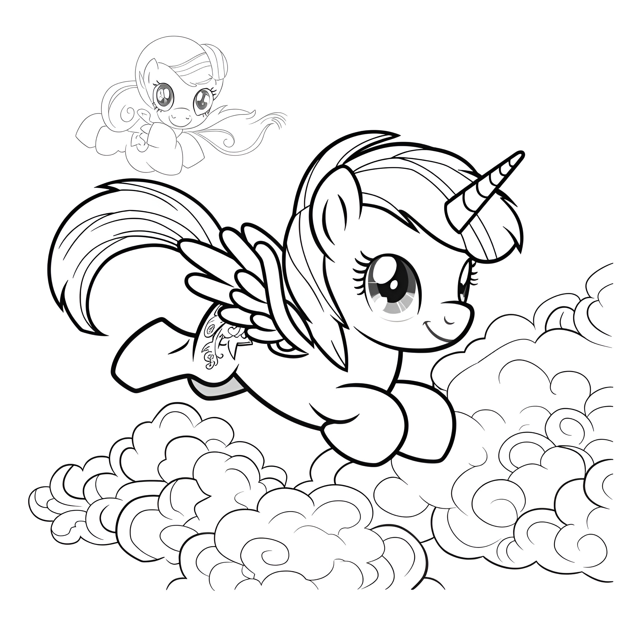 My Little Pony joyful unicorn and cute companion Coloring Page (free black-and-white line drawing printable PDF for all, from beginners to advanced learners, including children, teens, adults, and seniors)