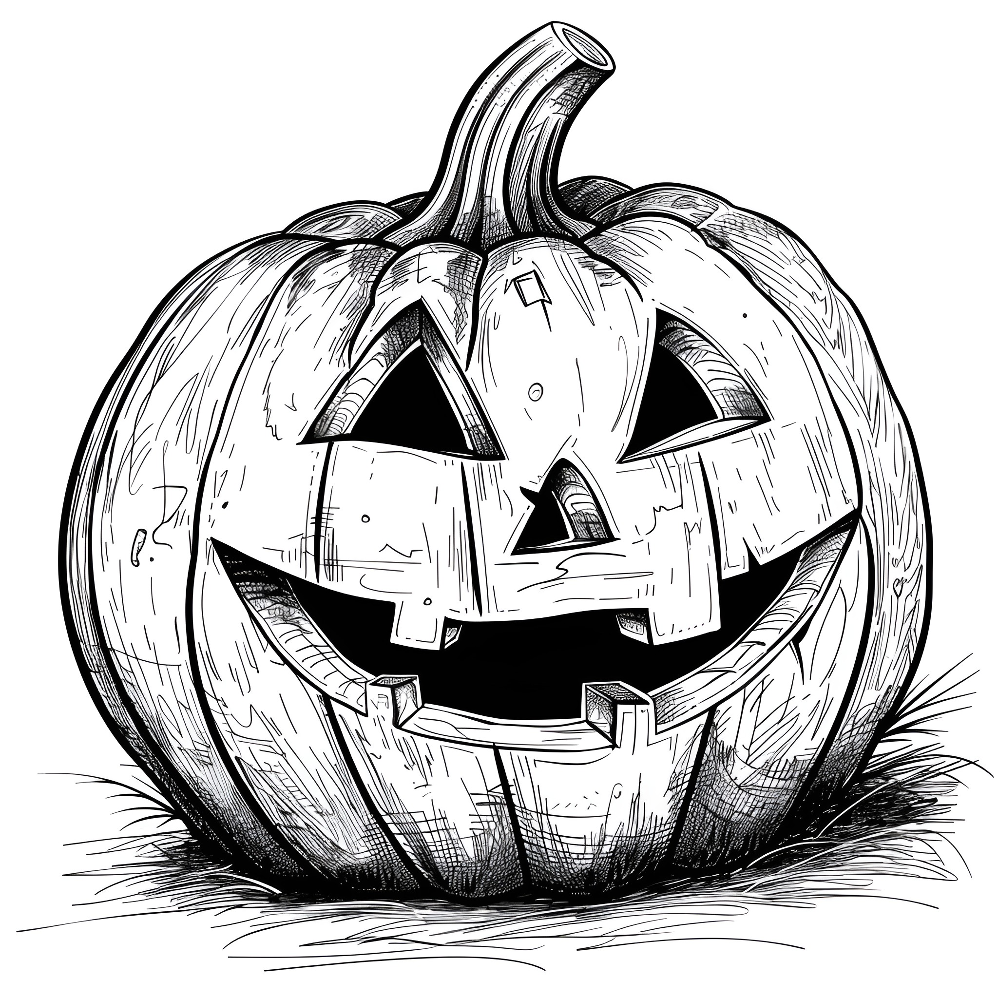 Pumpkin Jack-o'-lantern with spooky expression Coloring Page (free black-and-white line drawing printable PDF for all, from beginners to advanced learners, including children, teens, adults, and seniors)