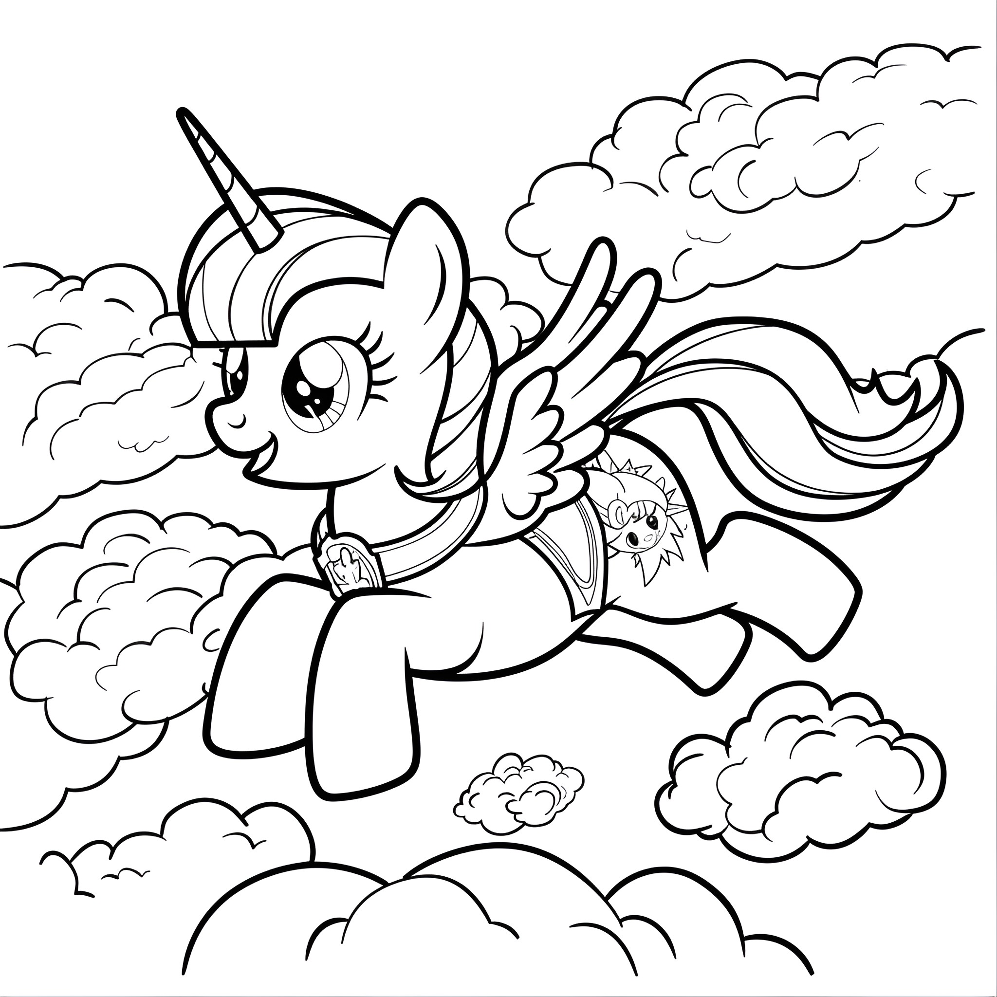 My Little Pony soaring through the clouds Coloring Page (free black-and-white line drawing printable PDF for all, from beginners to advanced learners, including children, teens, adults, and seniors)